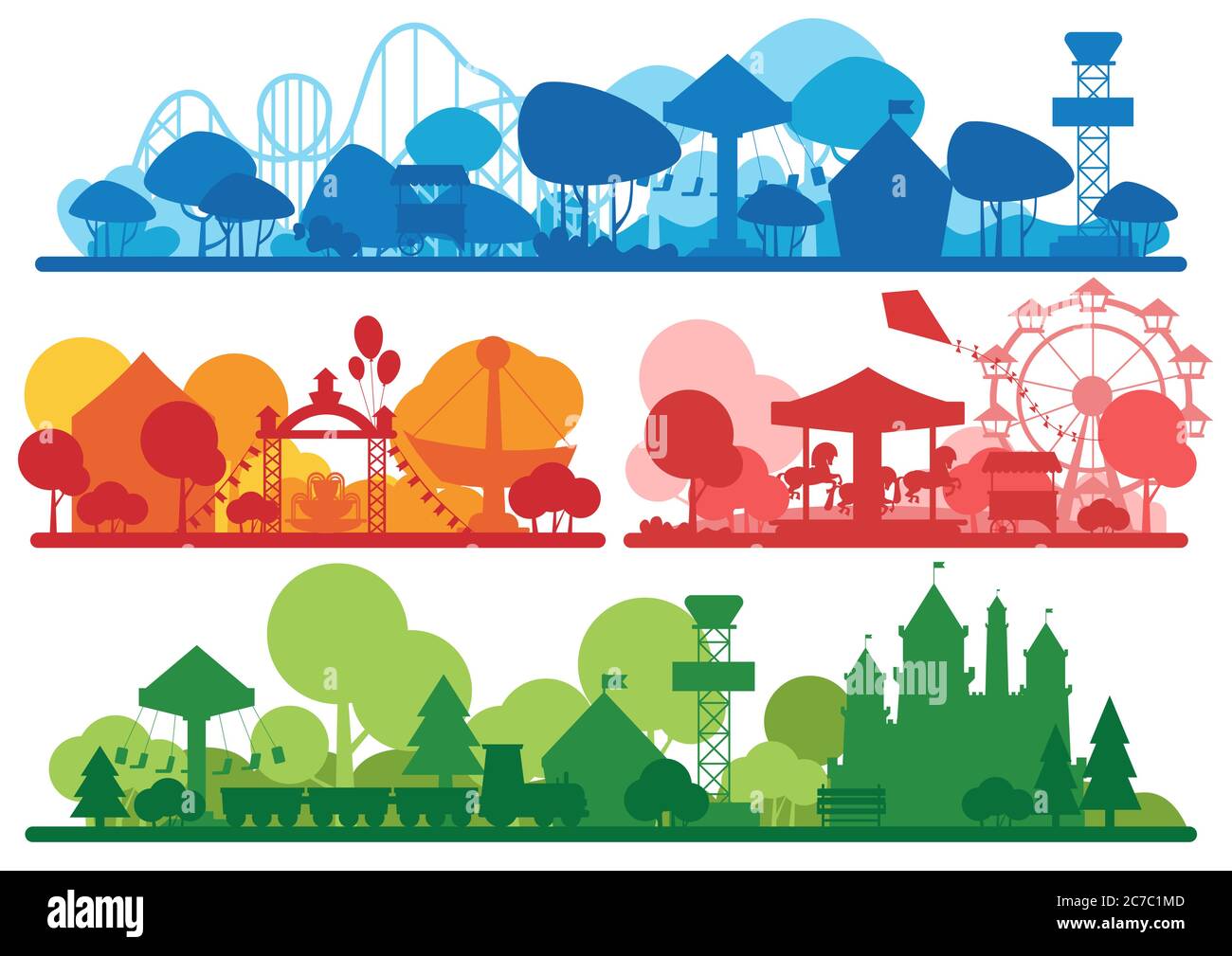 Parco divertimenti con banner orizzontale dalla silhouette colorata Illustrazione Vettoriale