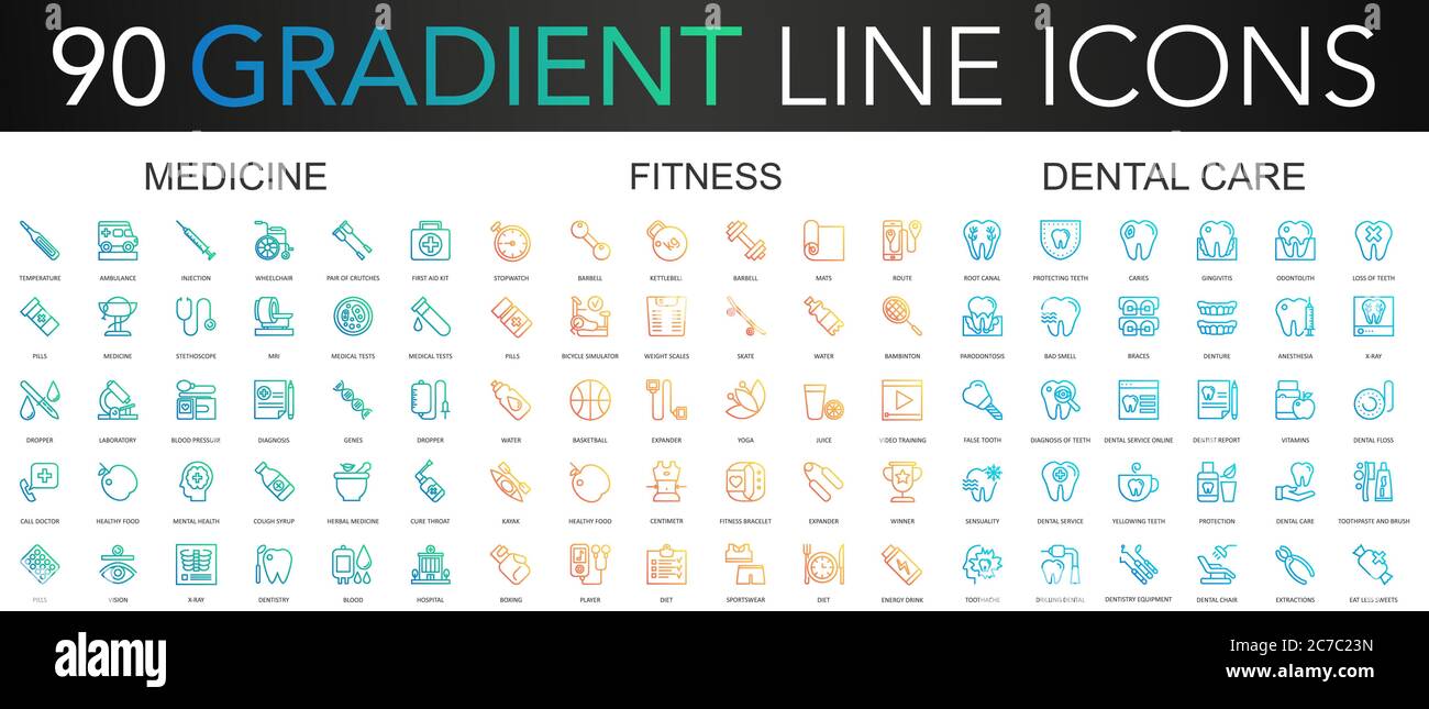 90 icone di linea sottile vettore gradiente trendy insieme di medicina, fitness, cura dentale Illustrazione Vettoriale