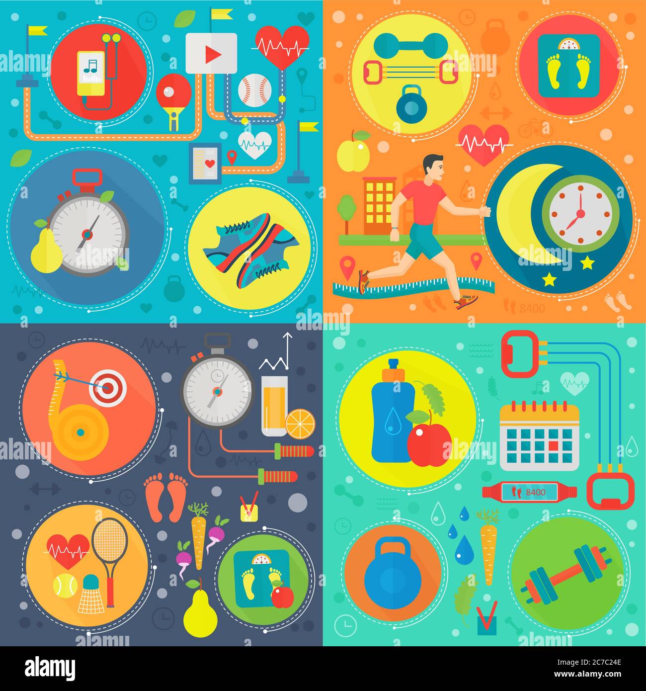 Set di concetti per lo sport e la salute. Concetto di stile di vita sano con l'illustrazione vettoriale delle icone del cibo e dello sport Illustrazione Vettoriale