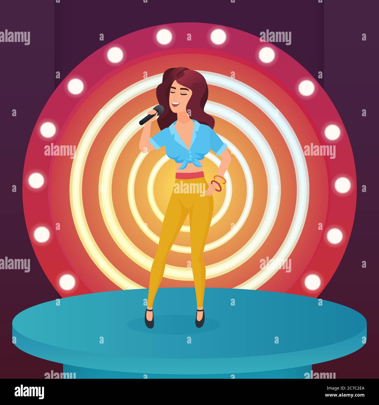 Cantante donna stella cantare pop canzone con microfono in piedi sul cerchio moderno palcoscenico con lampade vettoriali illustrazione Illustrazione Vettoriale