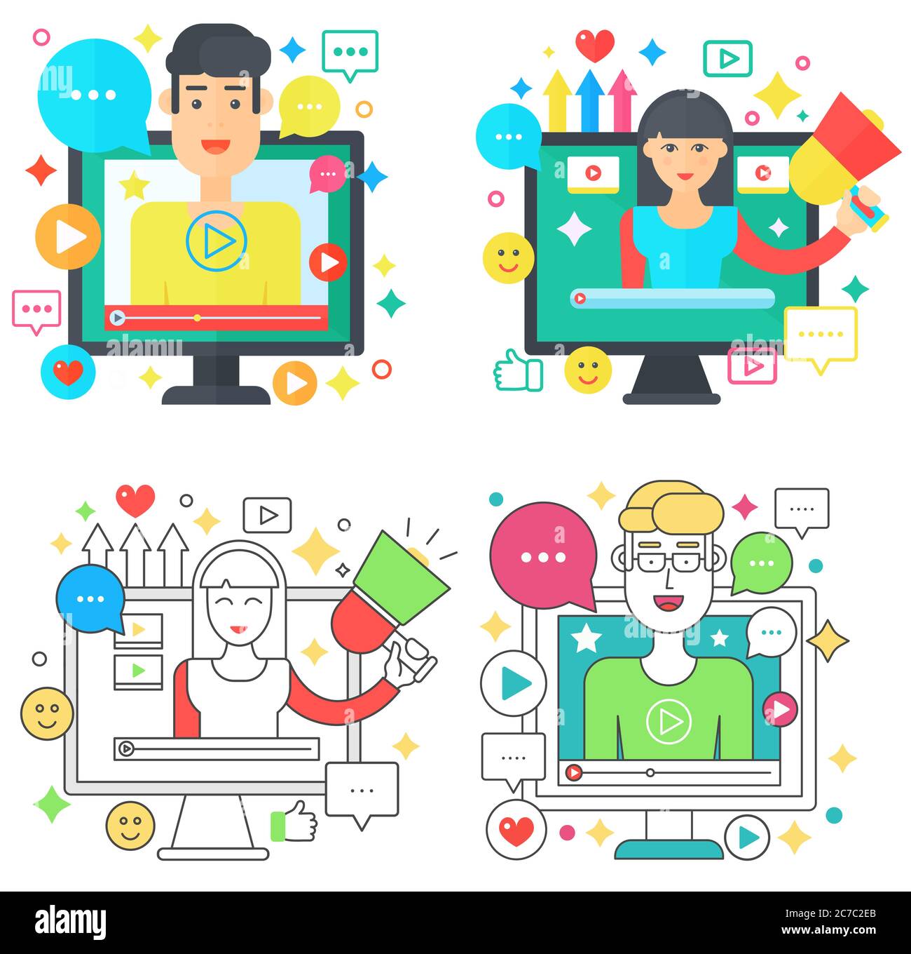 Online video blog design Square concetti insieme con blogger maschile e femminile illustrazione vettoriale Illustrazione Vettoriale