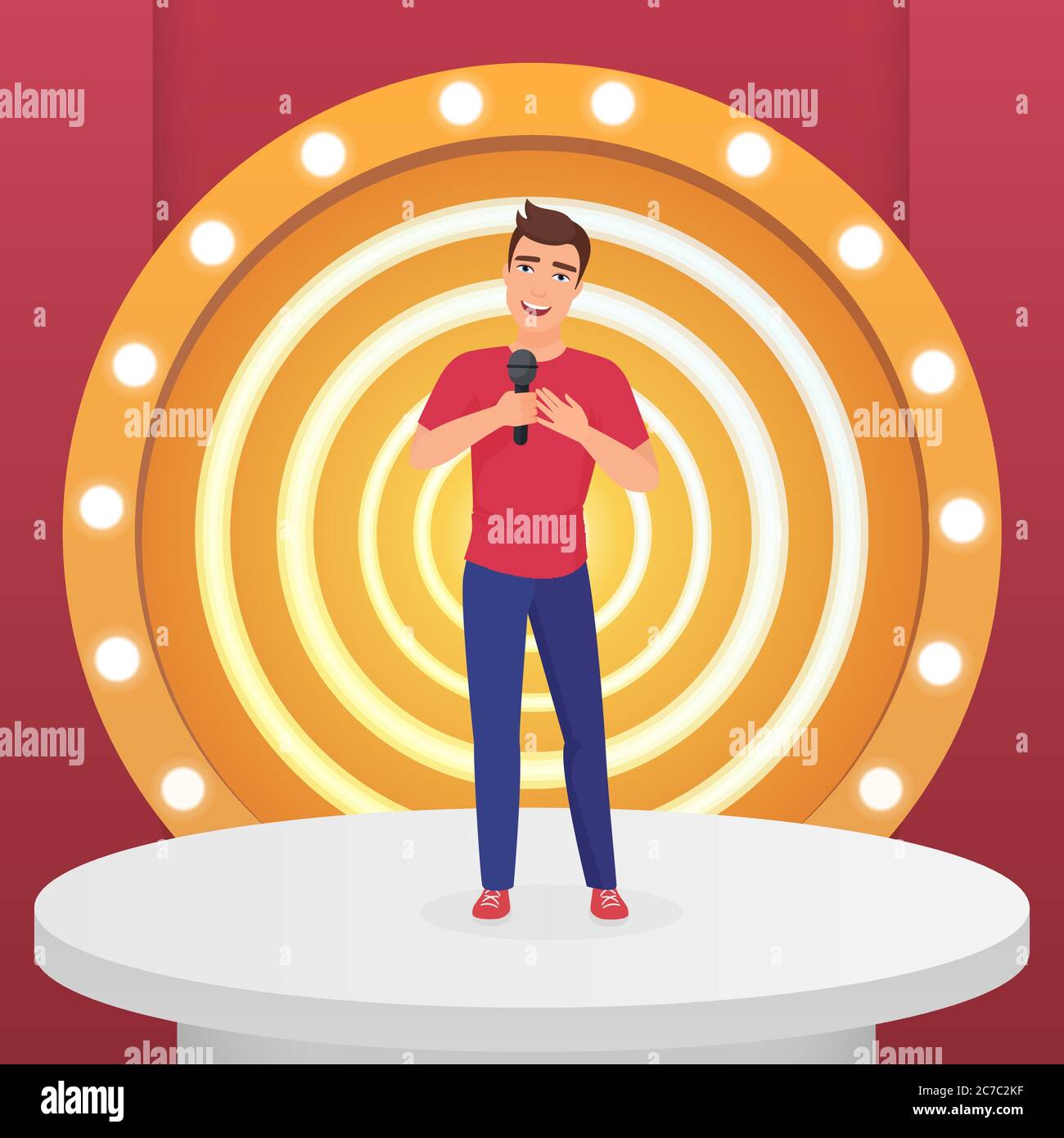 Uomo cantante stella cantare pop canzone con microfono in piedi sul palco circolare moderno con lampade vettoriali illustrazione Illustrazione Vettoriale