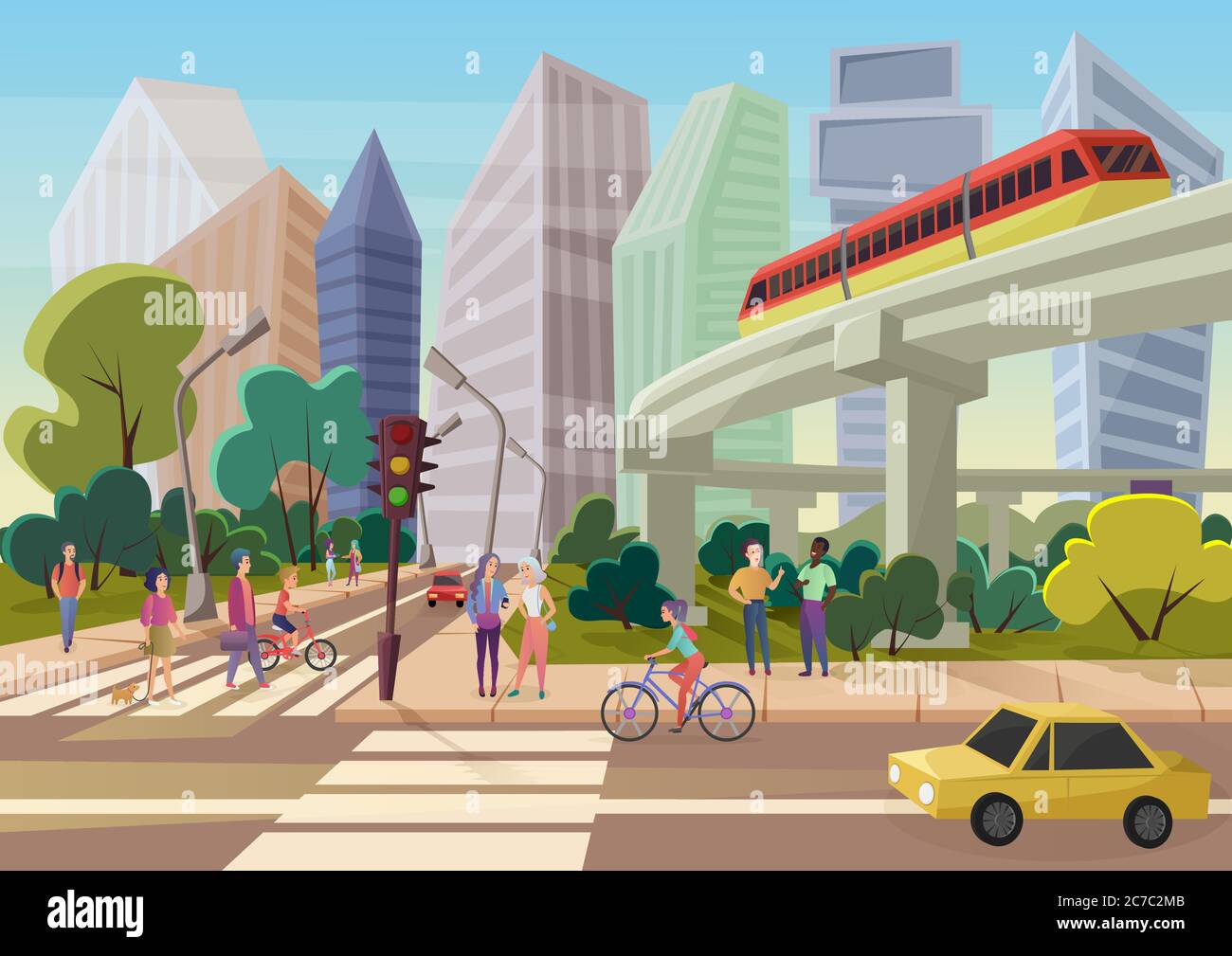 Moderna strada urbana cartoon con giovani a piedi illustrazione vettoriale Illustrazione Vettoriale