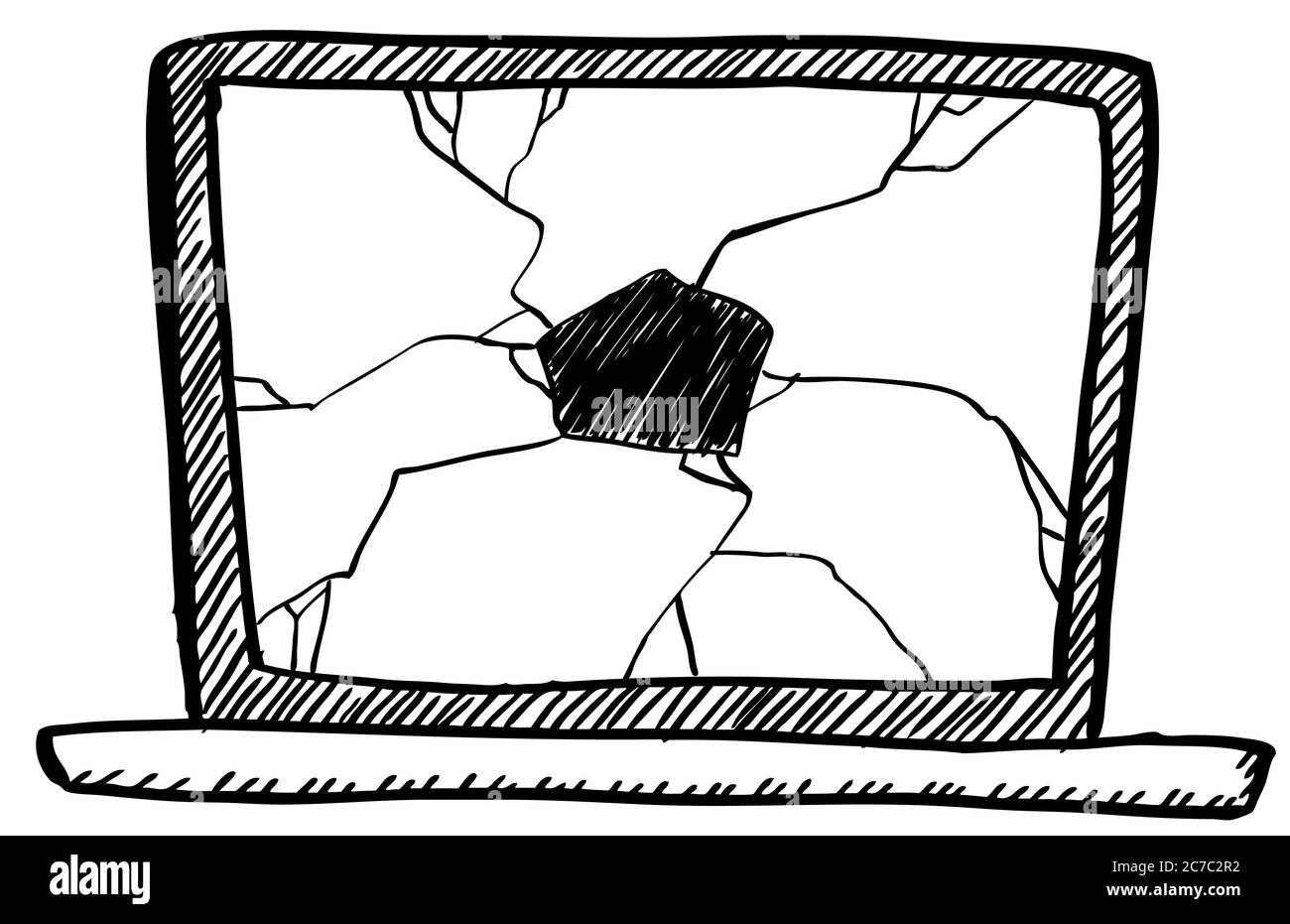 Fumetto stile di notebook con schermo rotto. Illustrazione vettoriale disegnata a mano. Illustrazione Vettoriale
