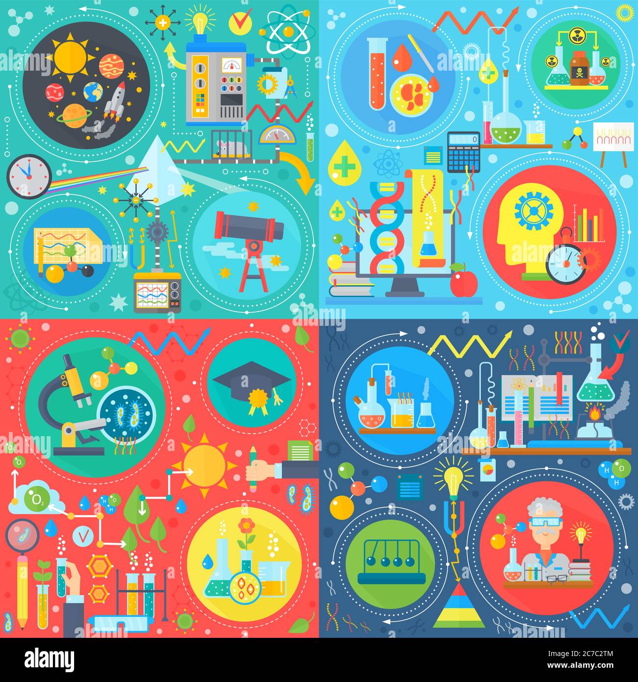 Set di concetti quadrati di scienza fondamentale, fisica, chimica, biologia disegno vettoriale piatto Illustrazione Vettoriale