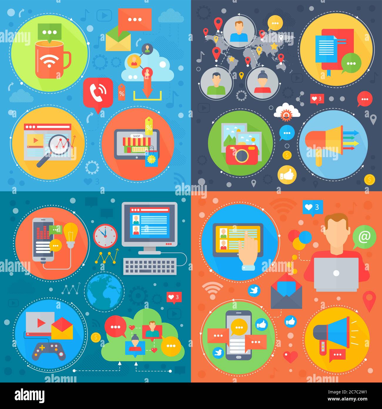 Set di concetti di social media Square, shopping online mobile, social media network, illustrazione vettoriale del marketing digitale mobile Illustrazione Vettoriale