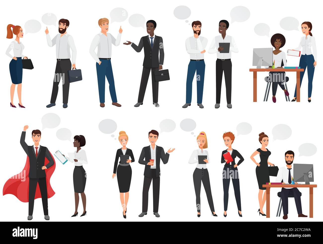 Uomini d'affari, discussione di gente di ufficio, chiacchierata di talkking, illustrazione vettoriale delle bolle di discorso di dialogo Illustrazione Vettoriale