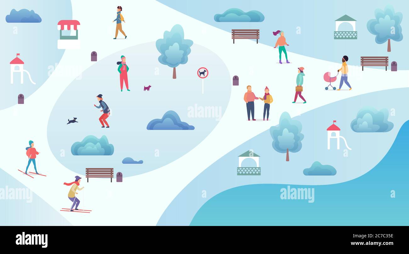 Persone attività invernali. Riposo, sci, passeggiate e gioco nel parco invernale cartoon vista dall'alto mappa vettoriale illustrazione Illustrazione Vettoriale