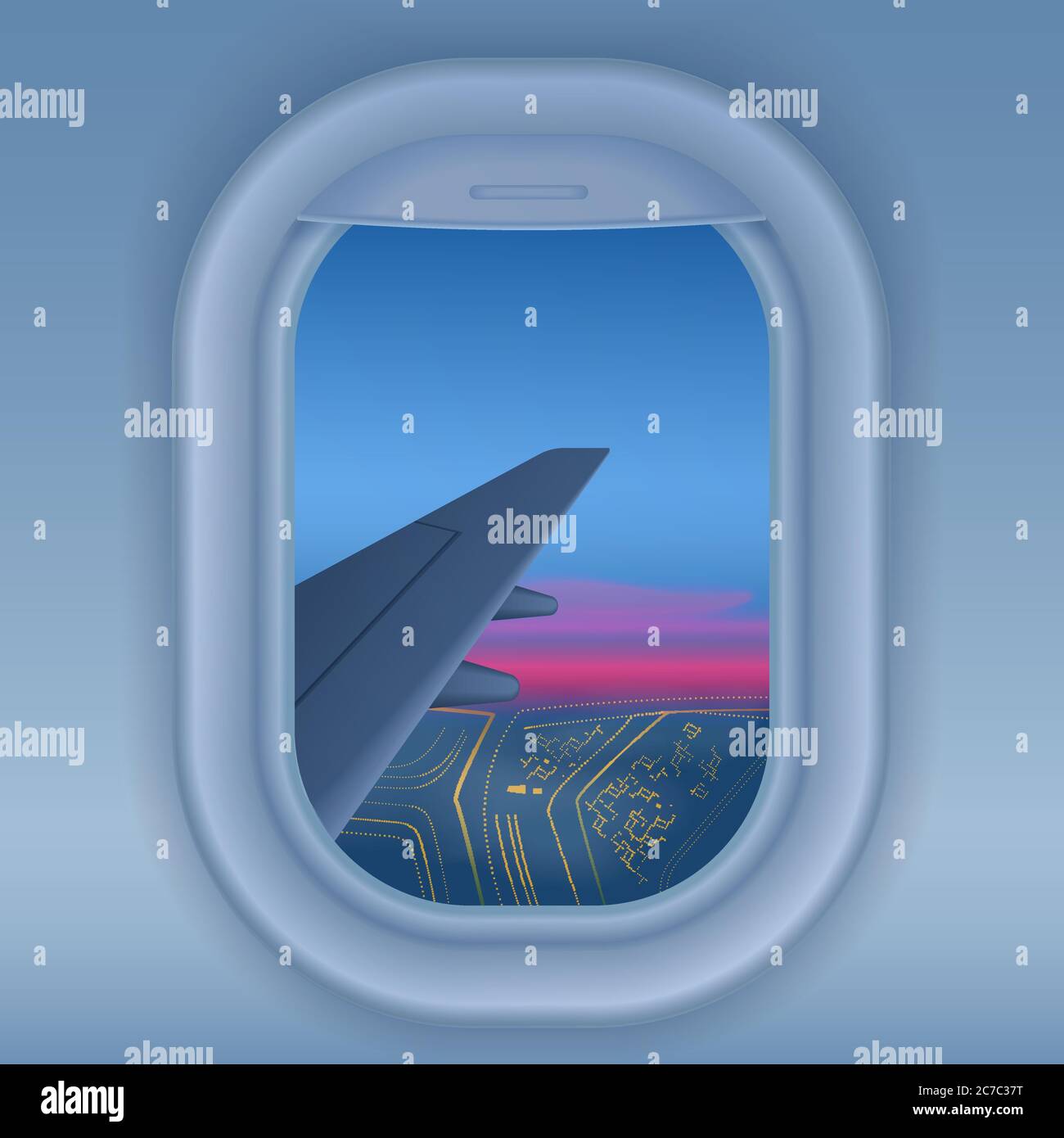 Finestra dell'aereo di notte. Notte città da cielo vista. Illustrazione vettoriale del concetto di viaggio lungo Illustrazione Vettoriale