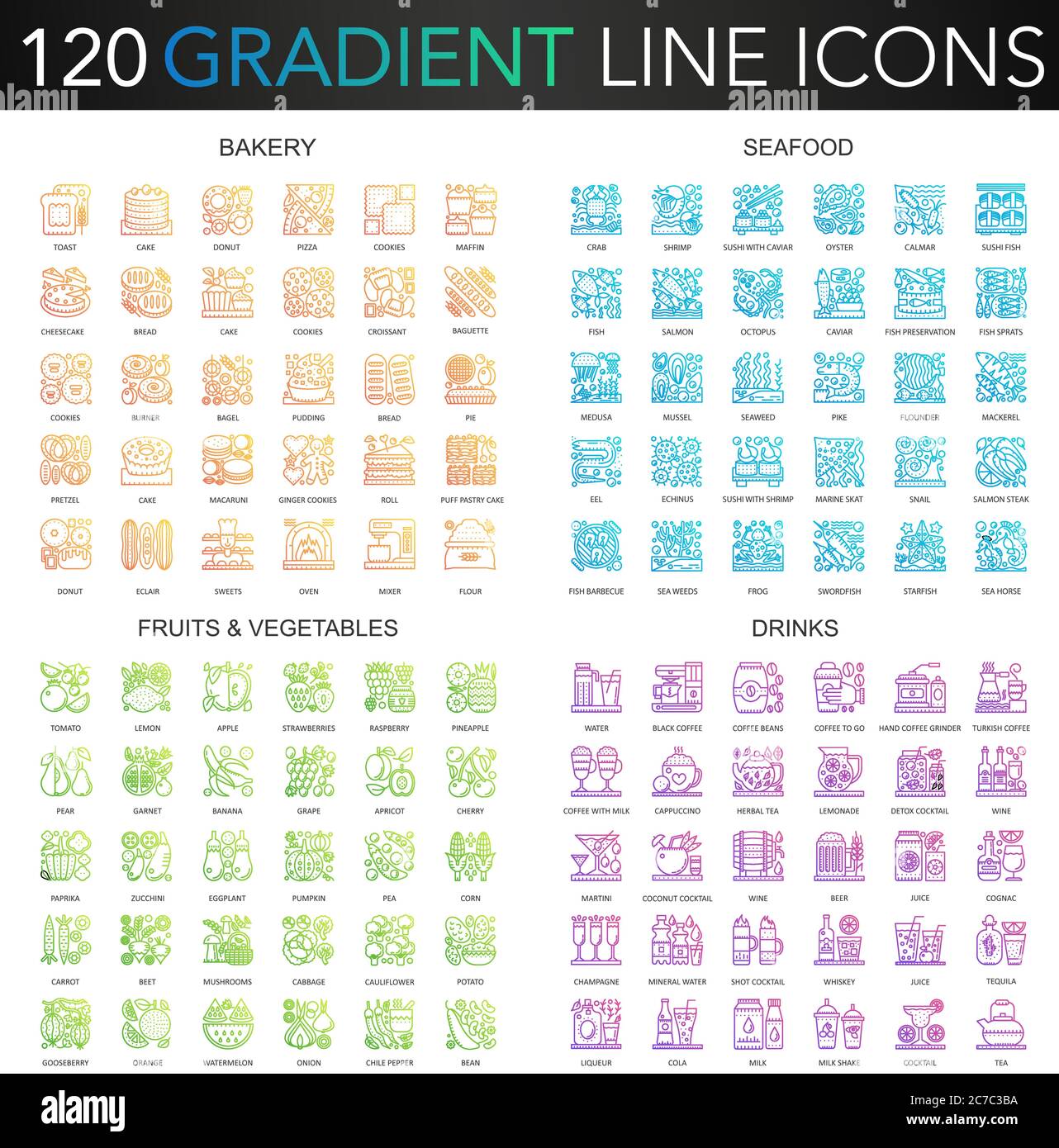 120 Trendy vettore gradiente concetto di linea sottile complesso icone Set di prodotti da forno, frutti di mare, frutta verdura, bevande icona Illustrazione Vettoriale