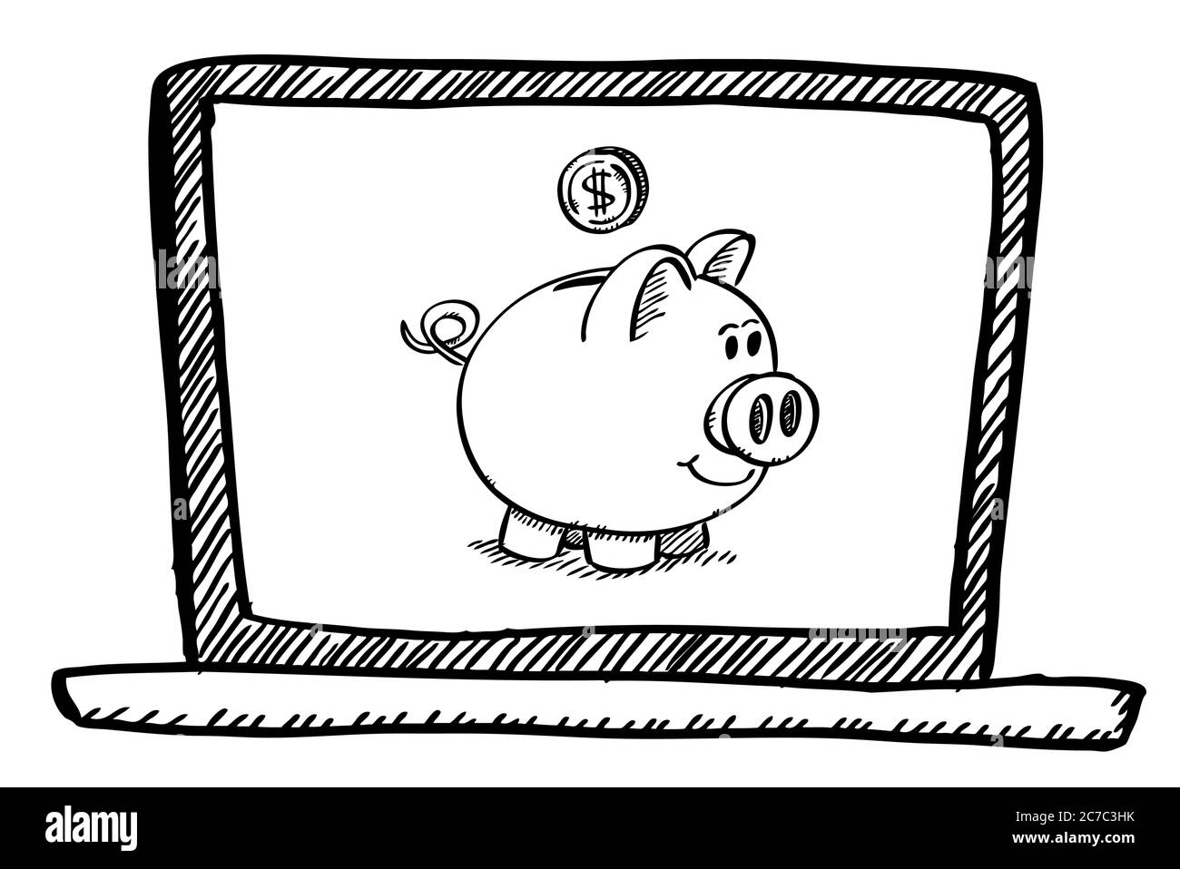 Doodle in stile cartoon di taccuino con moneta da dollaro che cade in banca di Piggy. Illustrazione vettoriale disegnata a mano. Oggetto isolato su sfondo trasparente. Illustrazione Vettoriale