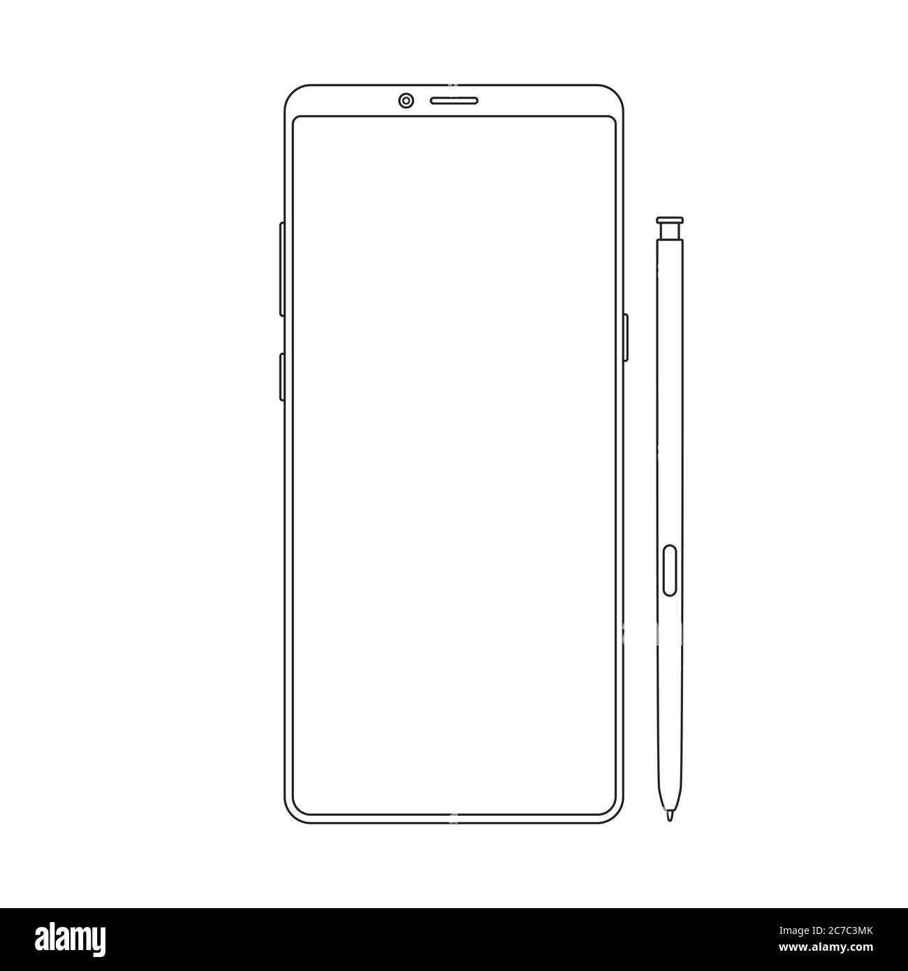 Nuova versione di smartphone vettoriale moderno Outline. Elegante smartphone sottile senza cornice con stilo Illustrazione Vettoriale
