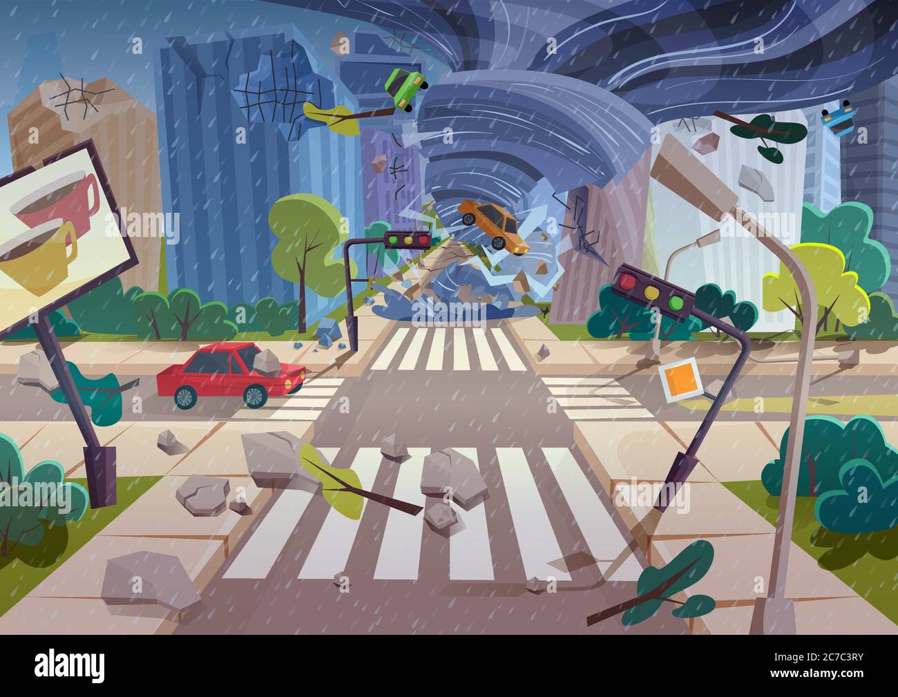 Forte e potente uragano del tornado che distrugge le automobili in città tra gli edifici. Disastro naturale piovoso che danneggia il concetto di illustrazione del vettore della città Illustrazione Vettoriale