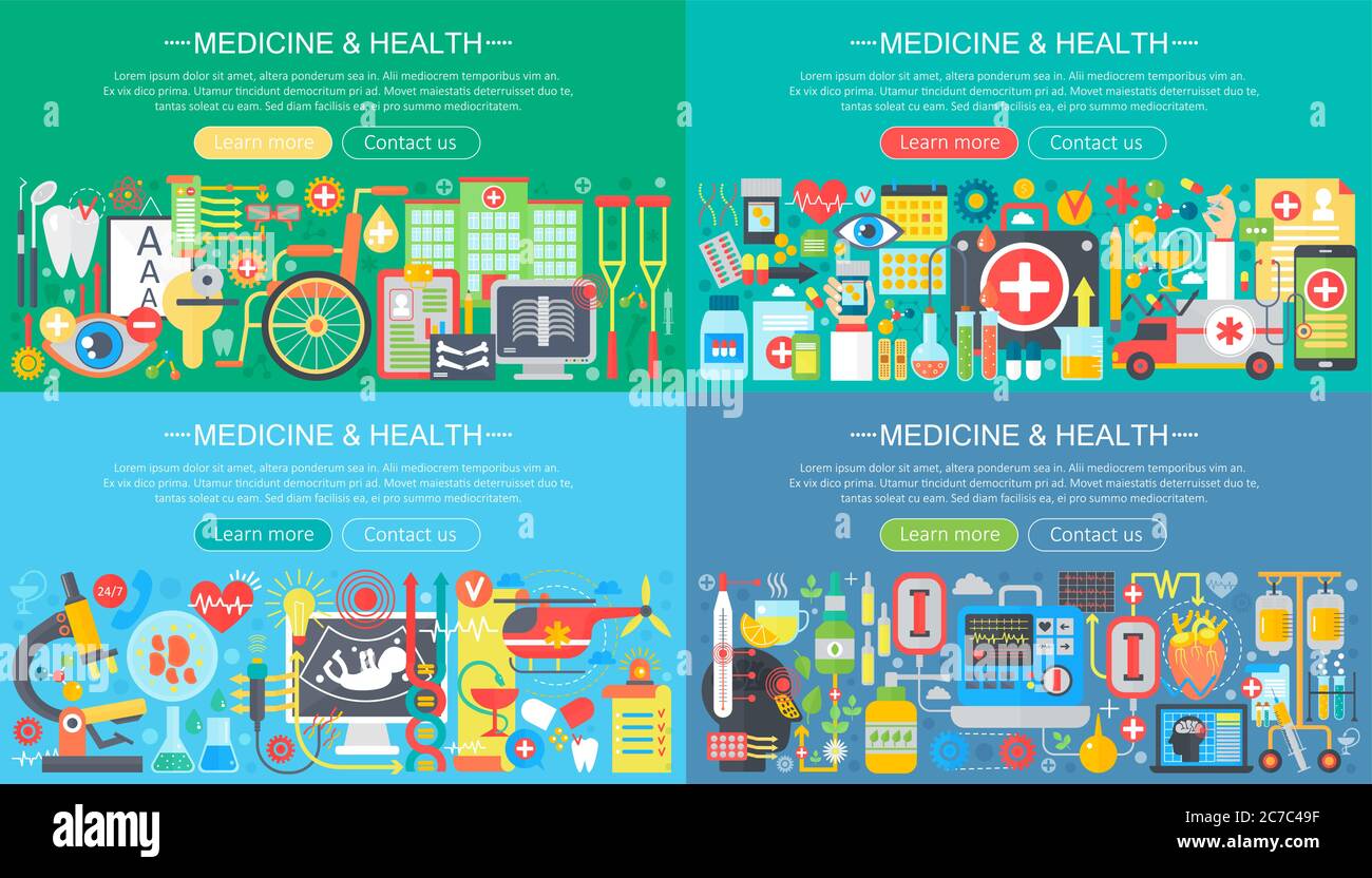 Set di striscioni per la medicina e la salute Horisontal Flat Concept. Trattamento di erbe, sanità, omeopatia, farmacia, Test medici, farmaci e pillole illustrazione vettoriale Illustrazione Vettoriale