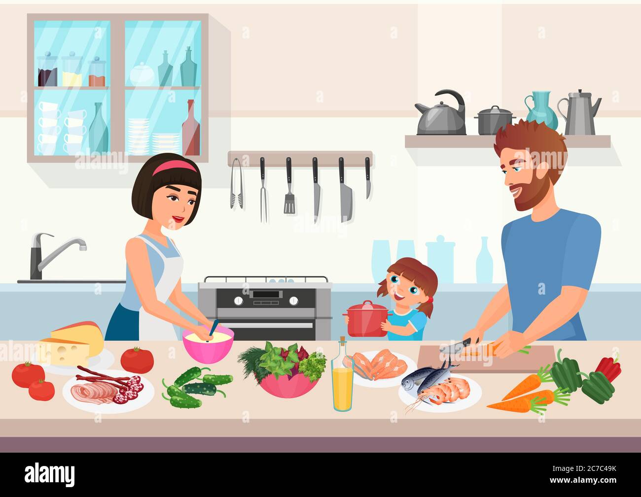 Buona cucina giovane famiglia. Padre, madre e figlia capretto cucinano i piatti in cucina cartone animato illustrazione vettoriale Illustrazione Vettoriale