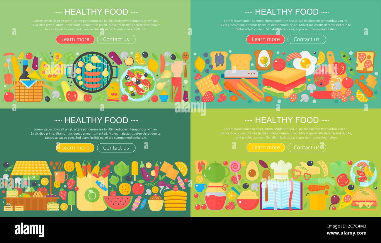 Set di concetti di design piatto alla moda per cibo, cucina, ristorante. Icone concettuali per la cucina, frutta e verdura, ristorante e cibo vegetariano Illustrazione Vettoriale