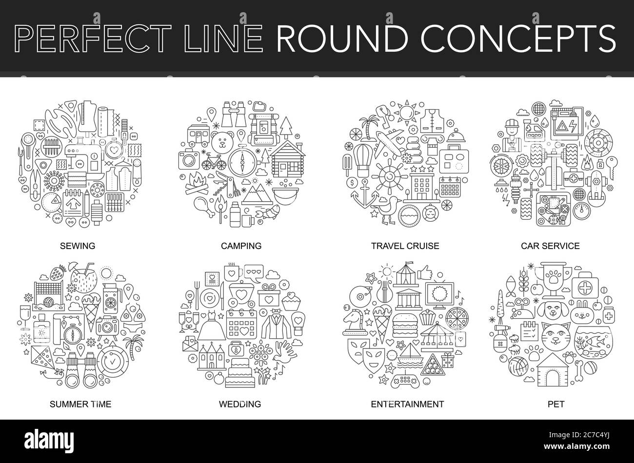 Concetto di struttura rotonda di cucito, campeggio, crociera di viaggio, servizio di automobile, ora estiva, matrimonio, intrattenimento, animale domestico. Icone vettoriali con tratto sottile per copertina, emblema, badge, volantini e poster Illustrazione Vettoriale