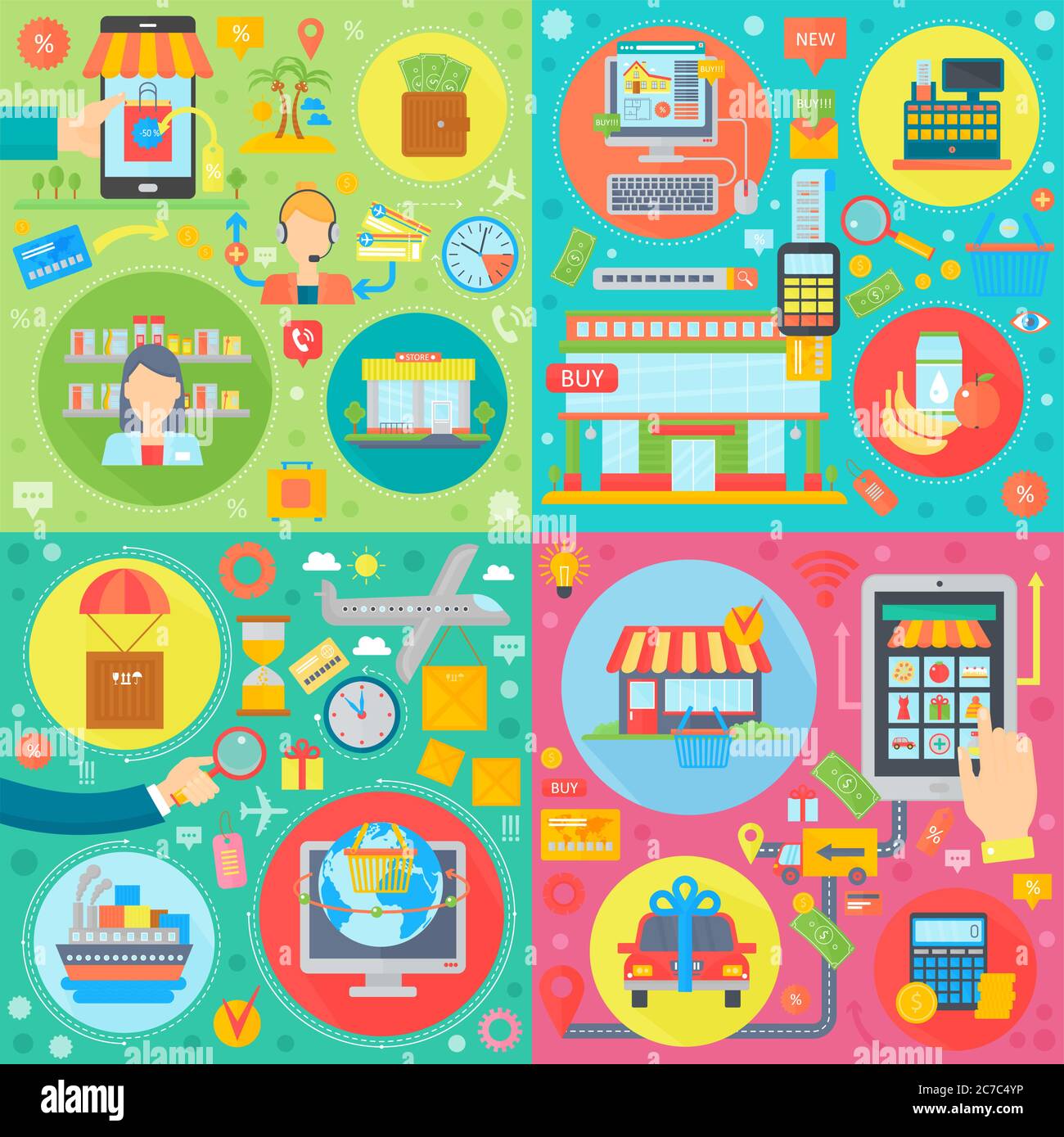 Set di modelli di concetto di shopping online. Servizi per il settore dello shopping mobile, set di illustrazioni vettoriali per il marketing digitale mobile Illustrazione Vettoriale