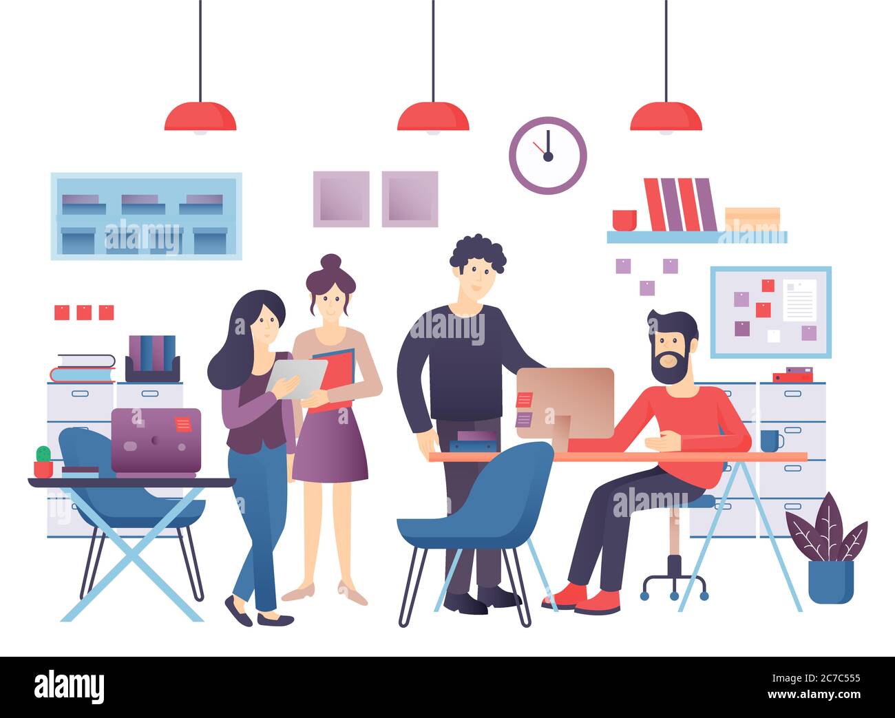 Concetto del moderno centro di lavoro. Team creativo in un ambiente di lavoro condiviso. Illustrazione vettoriale delle persone in ufficio Illustrazione Vettoriale