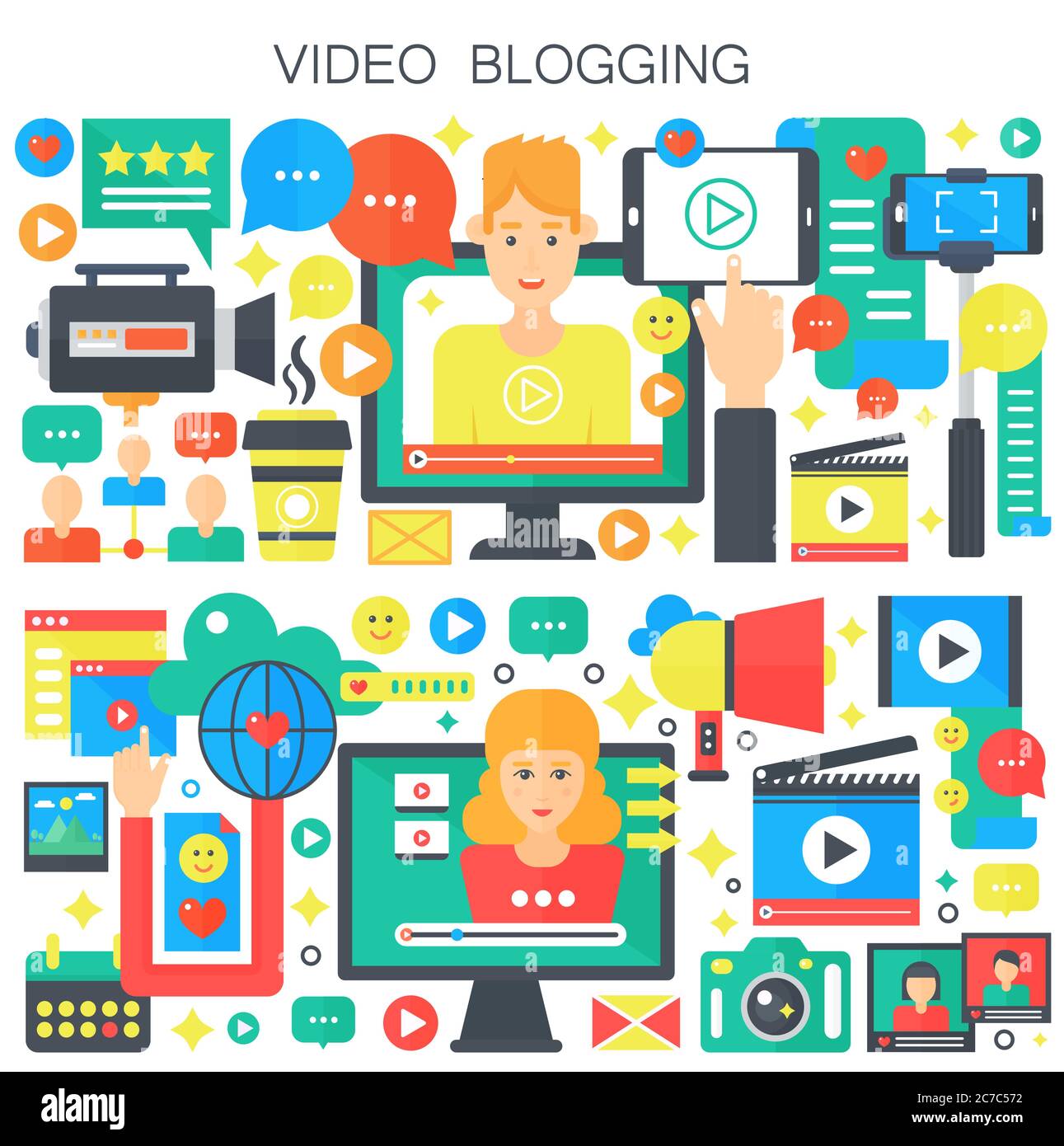 Video blogging, formazione di webinar, blogger concetto maschile e femminile illustrazione vettoriale piatto Illustrazione Vettoriale