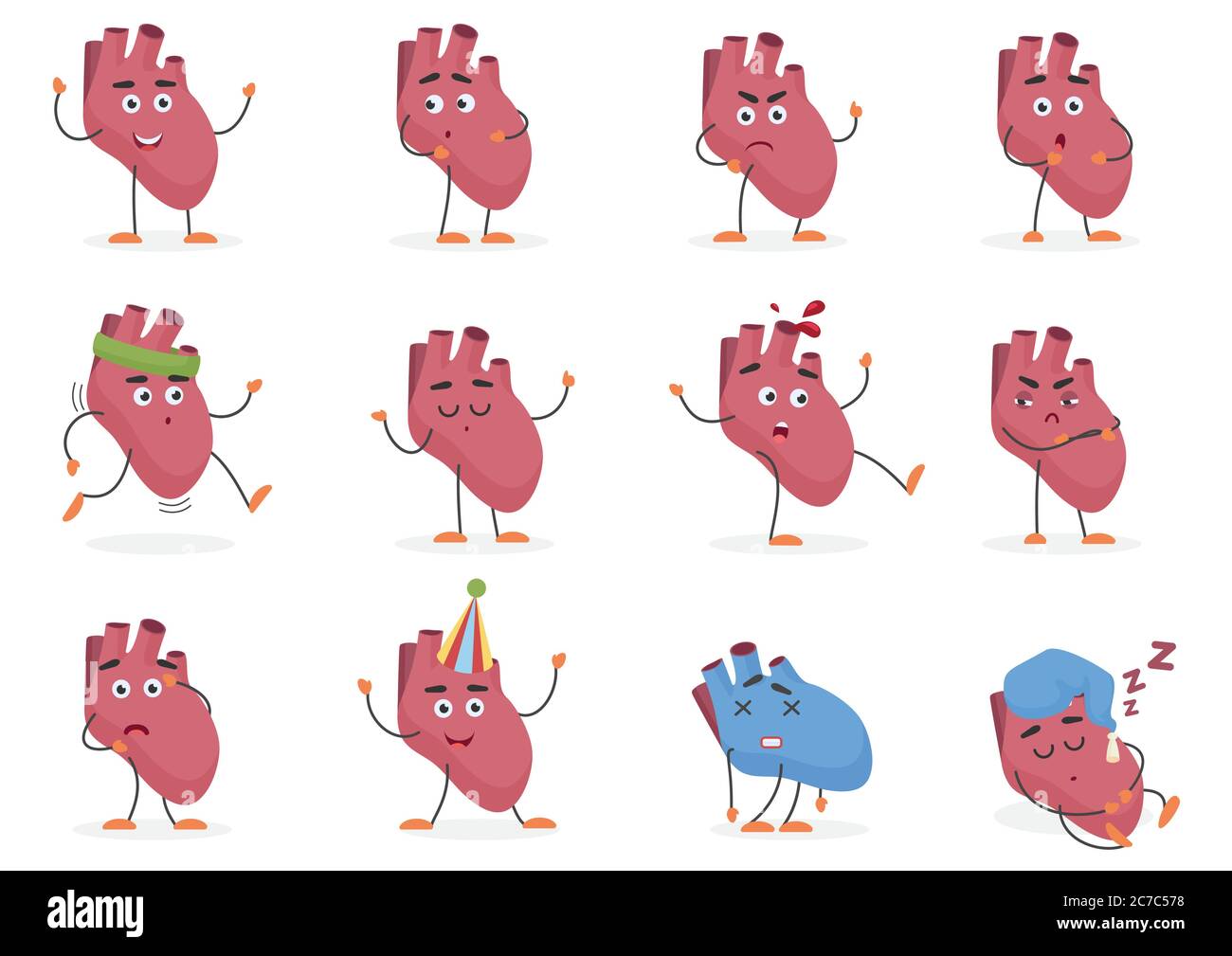 Carino cartone animato cuore umano interno organo emozioni e pose vettore illustrazione set Illustrazione Vettoriale