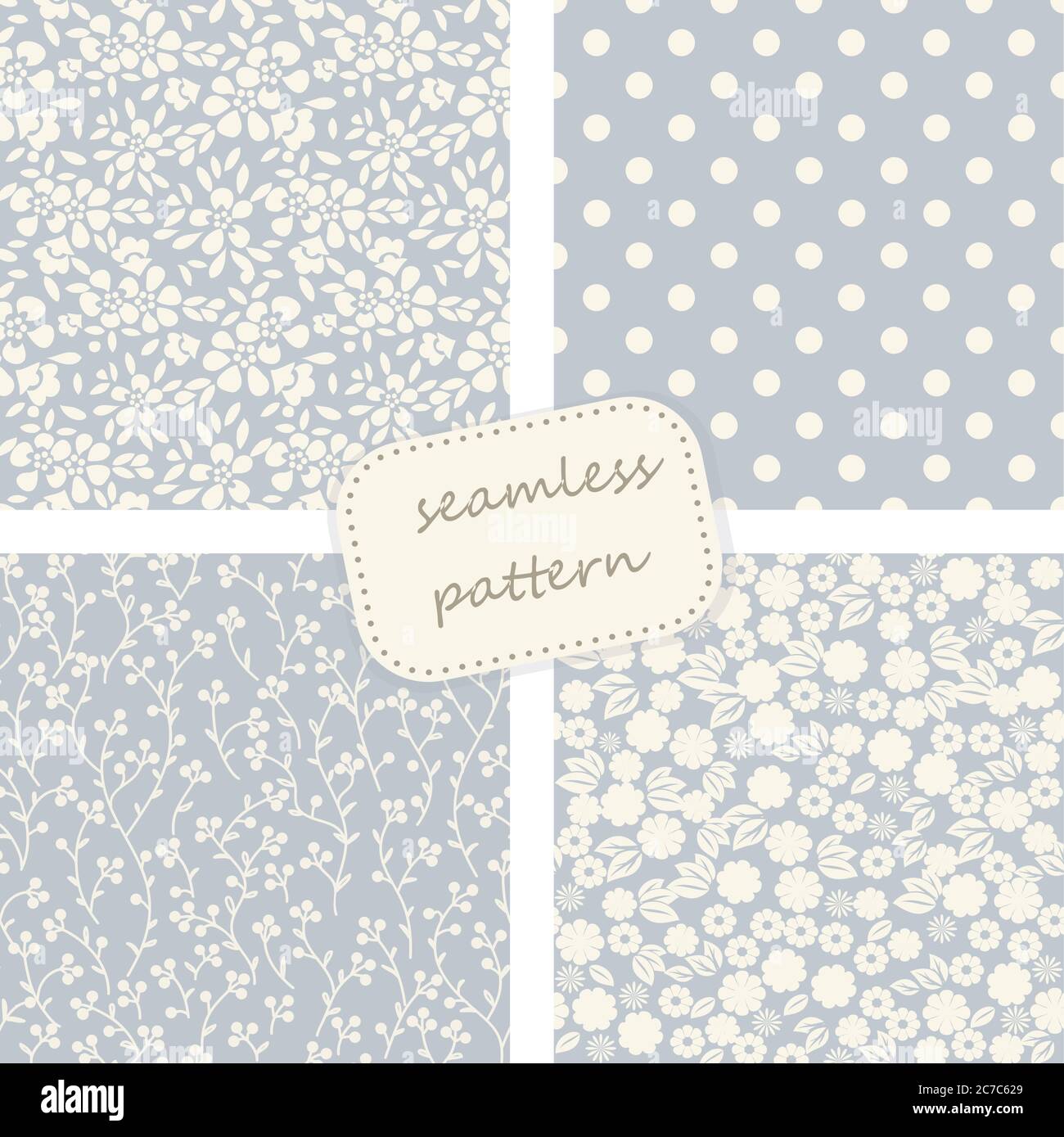 set di 4 motivi vintage senza cuciture in blu e beige. Disegnata a mano. L'illustrazione vettoriale può essere utilizzata per sfondo, tessuto, sfondo di pagine web. Illustrazione Vettoriale