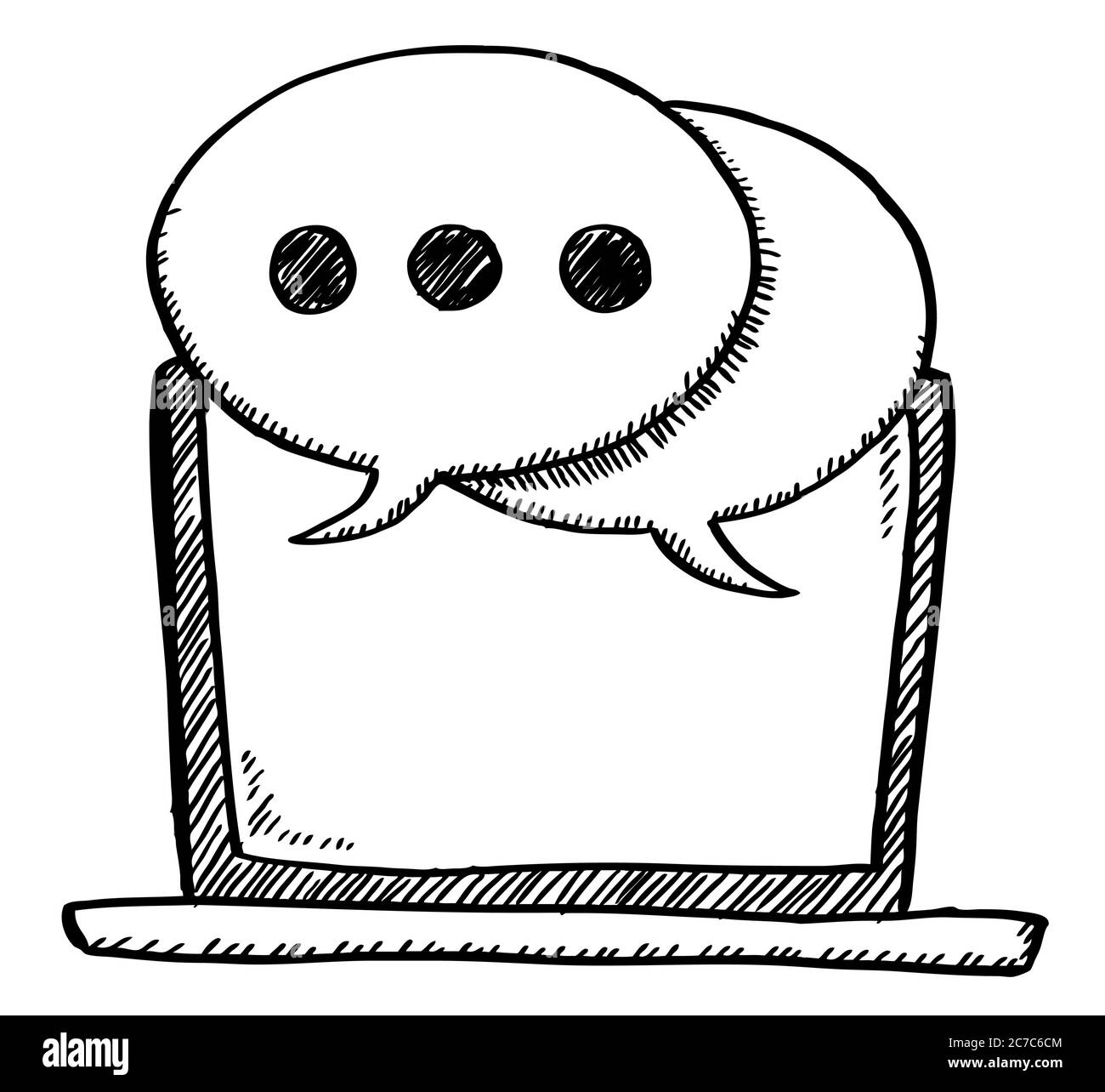 Fumetto stile cartoon di notebook con bolle messaggio. Disegno a mano in bianco e nero, illustrazione vettoriale del doodle. Illustrazione Vettoriale