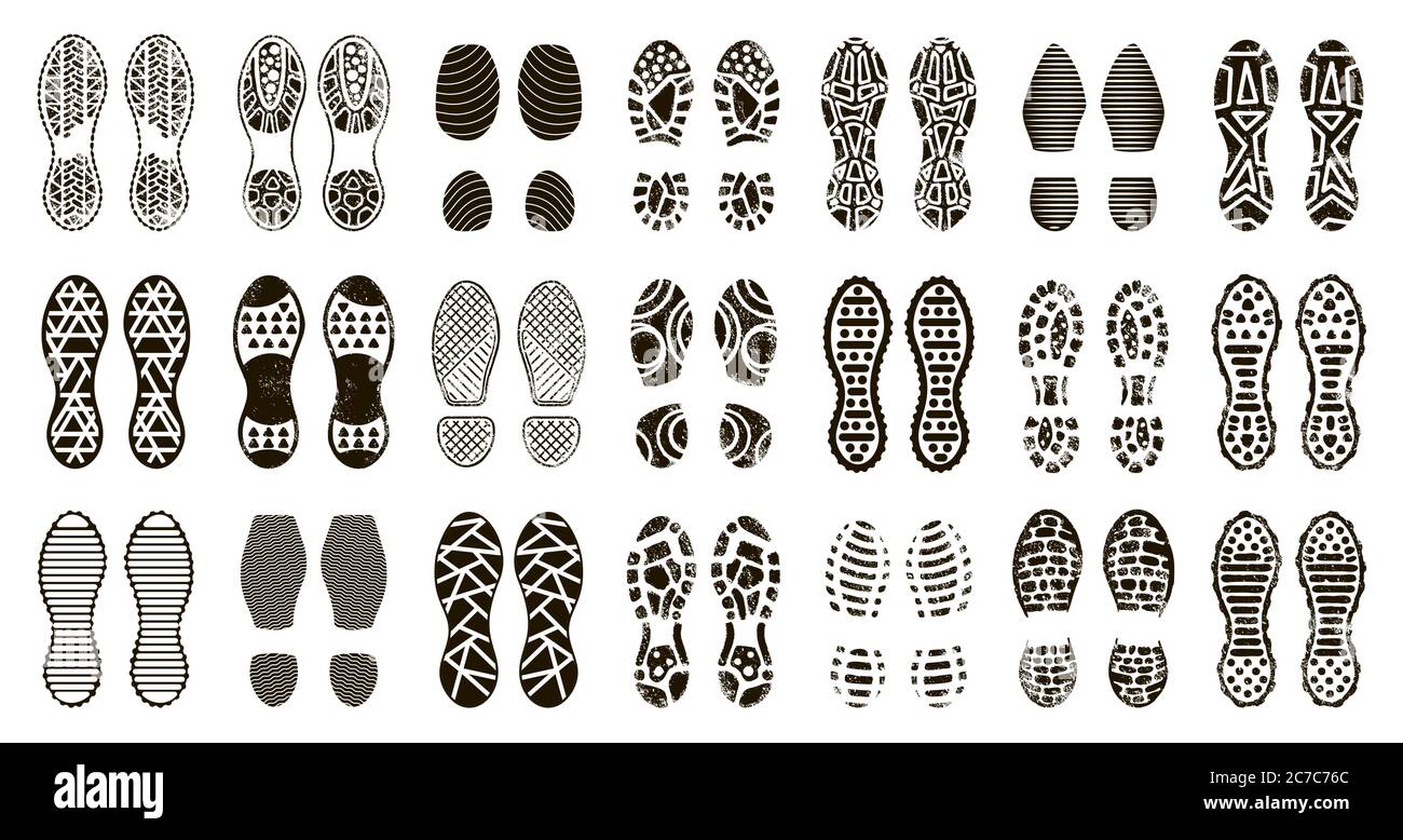 Ingombro degli stivali umani. Scarpe e silhouette a piedi nudi, stampa dei gradini di stivali uomo, footprint a trama a passo, icone isolate e set di illustrazioni Illustrazione Vettoriale