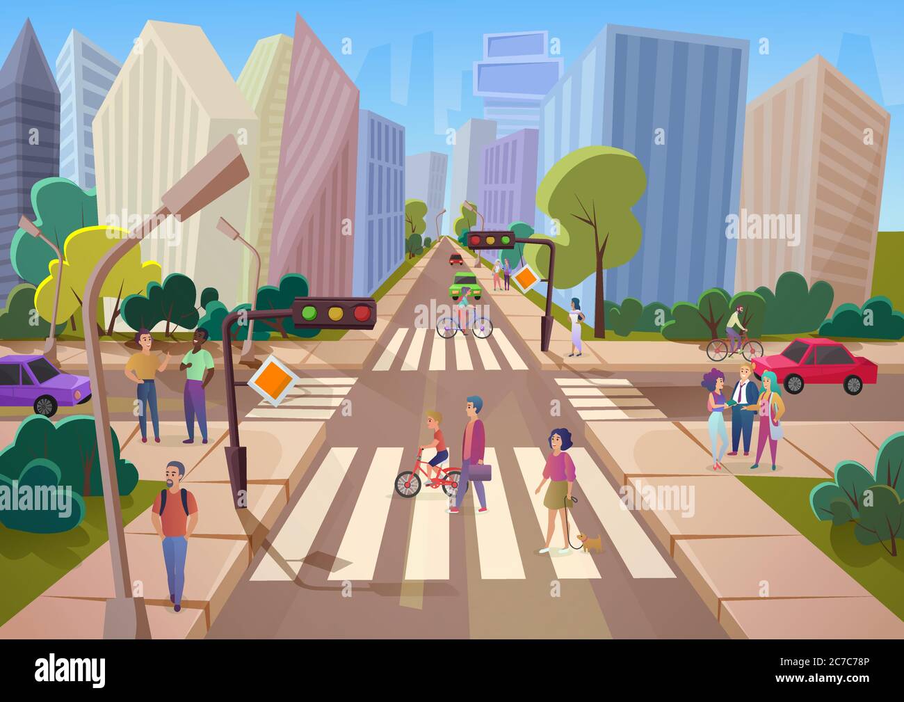 Folla di cartoni animati che camminano sulla moderna illustrazione urbana cit Street vettoriale Illustrazione Vettoriale