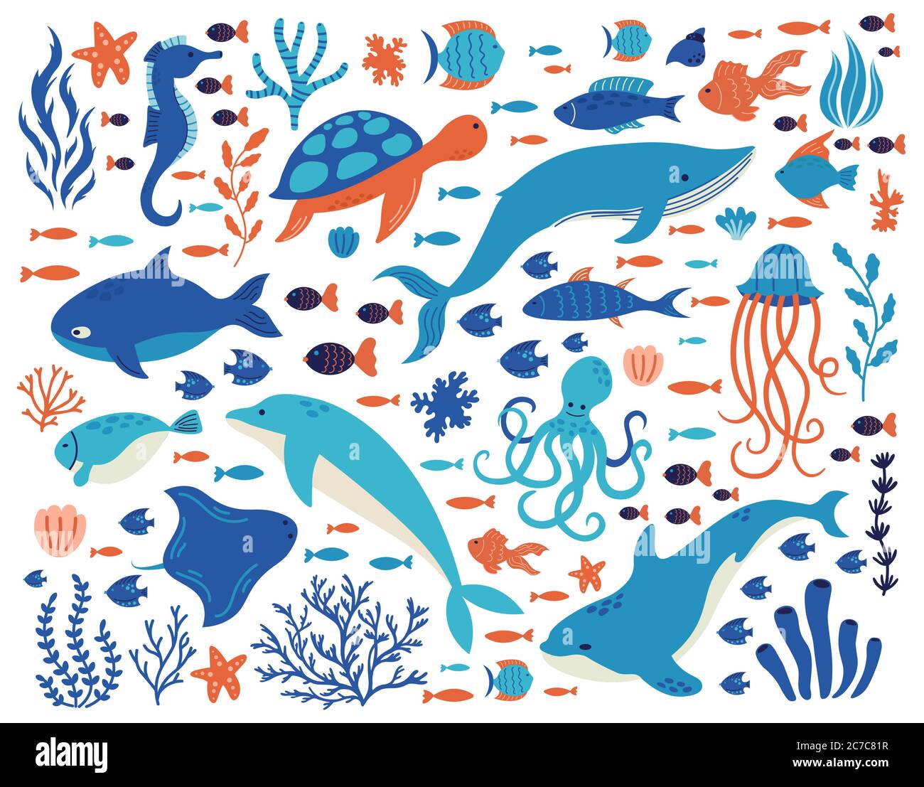 Doodle animali subacquei. Creature oceaniche, vita marina disegnata a mano, delfini, balene, tartarughe, polpi, coralli, piante marine, set di illustrazioni vettoriali Illustrazione Vettoriale