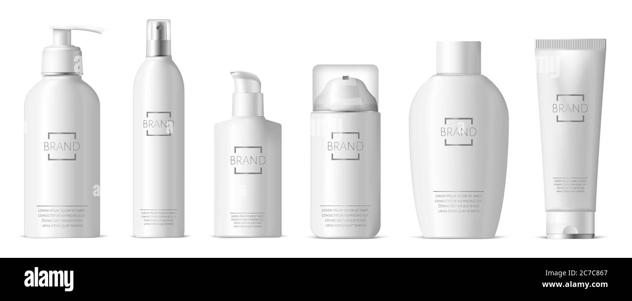Confezione per la cura della pelle in plastica realistica. Set di illustrazioni vettoriali per confezioni di sapone, shampoo, lozione, dispenser e spray, flacone di plastica 3d cosmetico Illustrazione Vettoriale