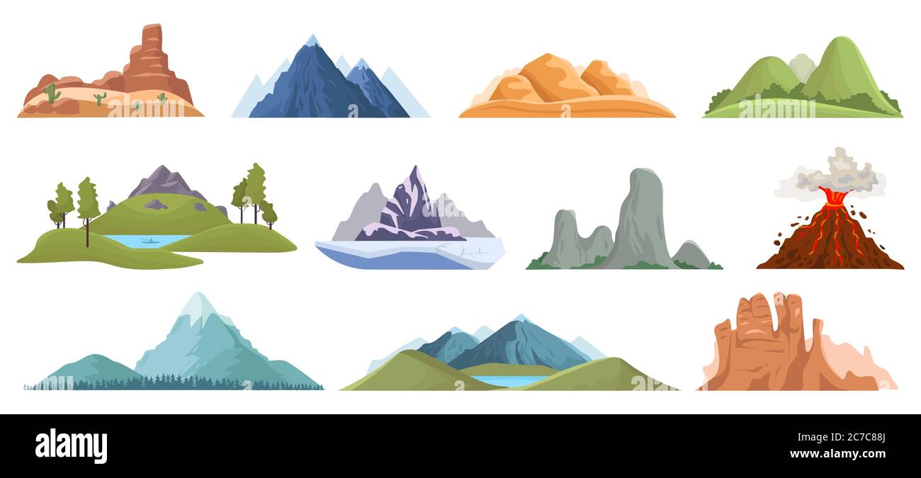 Vette di montagna. Cime di ghiaccio neve, verdi colline e vulcano all'aperto paesaggio, escursioni, montagna valle vista panoramica insieme di illustrazioni vettoriali Illustrazione Vettoriale