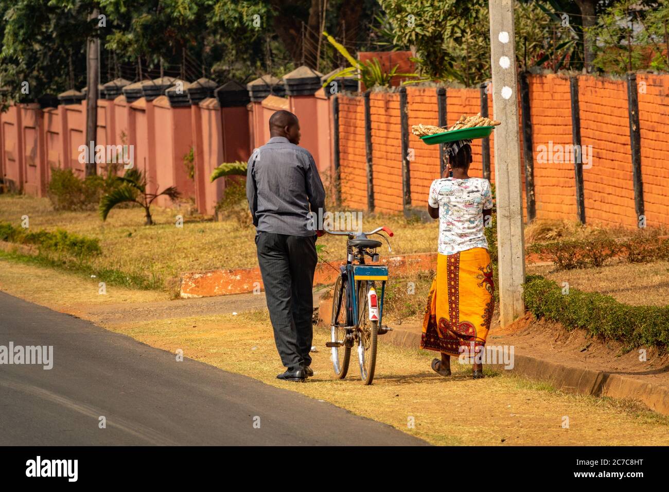 Vista posteriore di uomo e donna che camminano in Africa Foto Stock