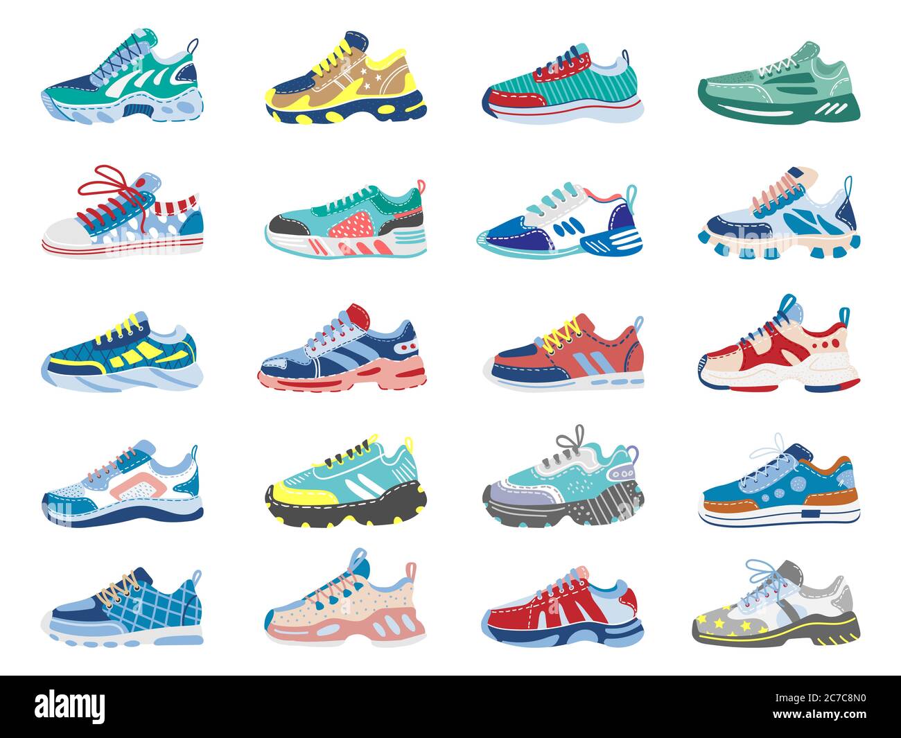 Sneaker moderne. Running, scarpe da training, scarpe sportive fitness, scarpe atletiche moderne, set di icone vettoriali isolate Illustrazione Vettoriale