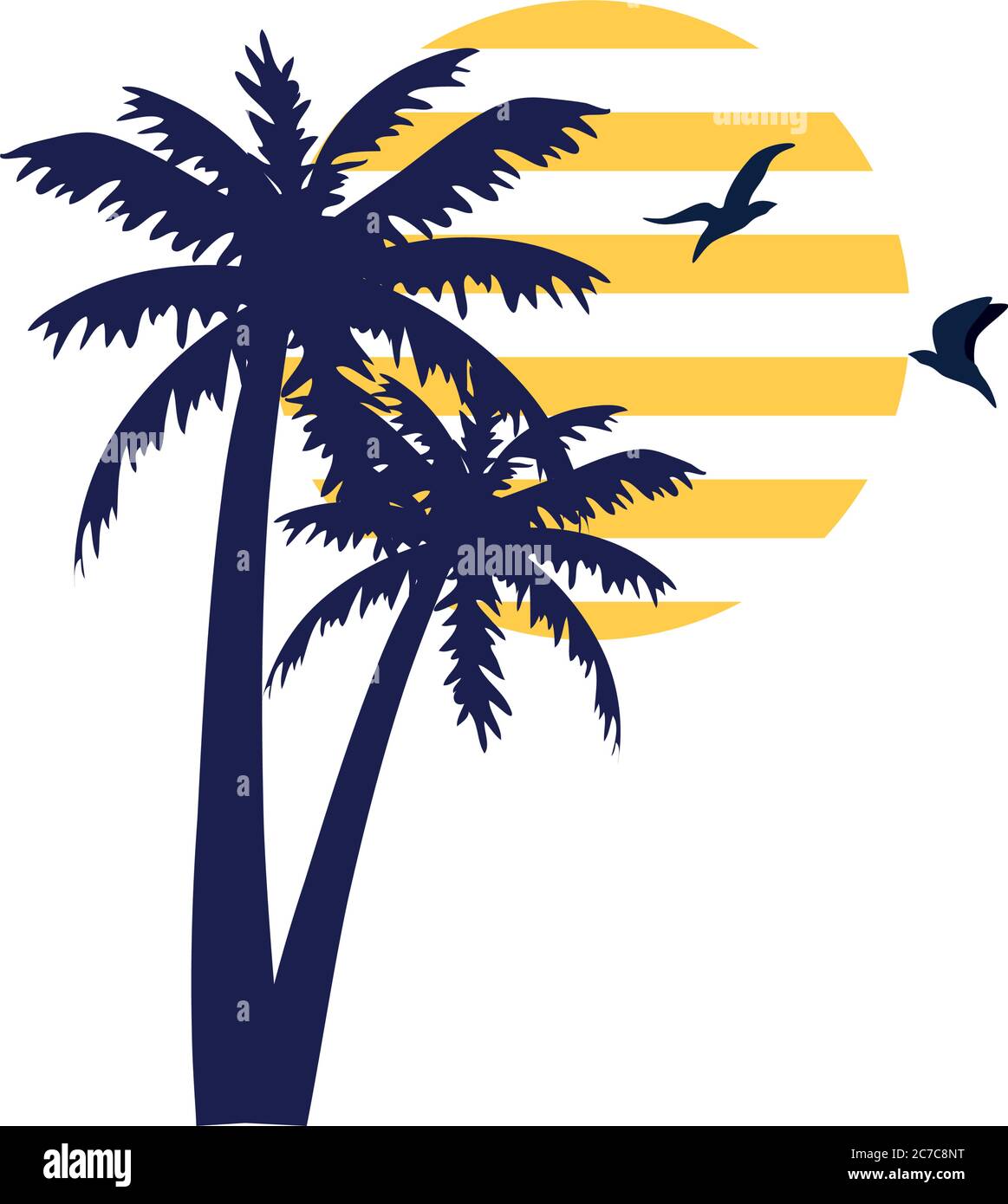 silhouette tropicale con palme e uccelli che volano su sfondo bianco Illustrazione Vettoriale