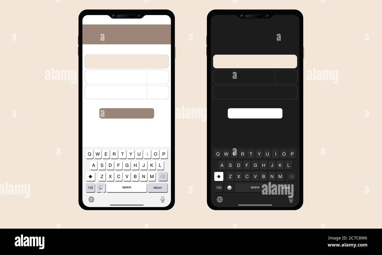 Smartphone la forma di un moderno telefono cellulare. Tastiera vettoriale moderna di smartphone, tasti alfabetici, modalità UI chiara e scura, Illustrazione Vettoriale