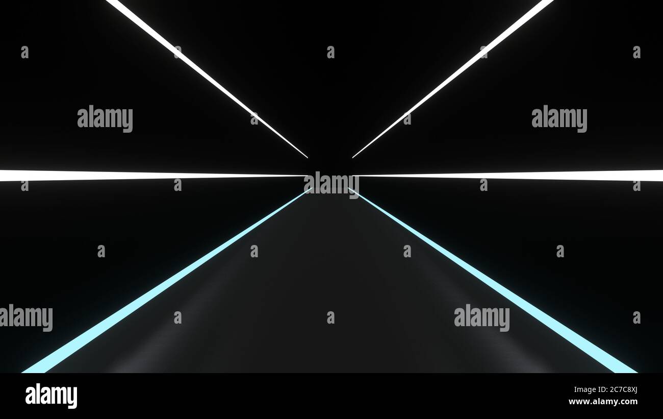 Sfondo astratto linee incandescenti tunnel, luci al neon bianco e blu. Immagine di rendering 3D Foto Stock