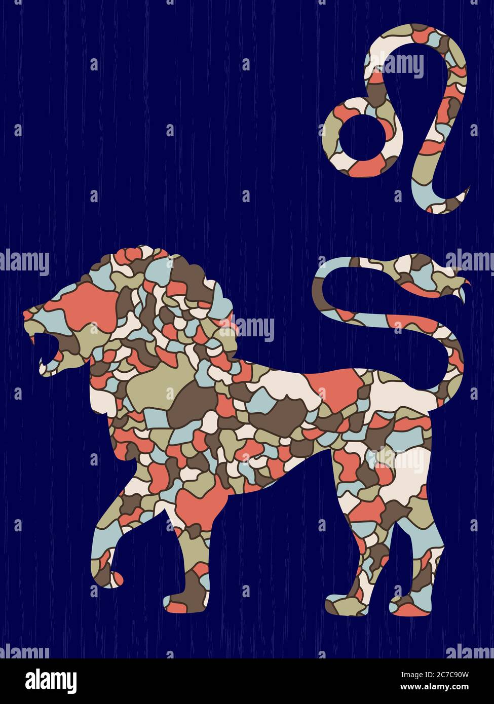 Segno zodiacale Leo riempia con colorate forme di mosaico mute su sfondo blu scuro con simboli astrologici, illustrazione vettoriale Illustrazione Vettoriale