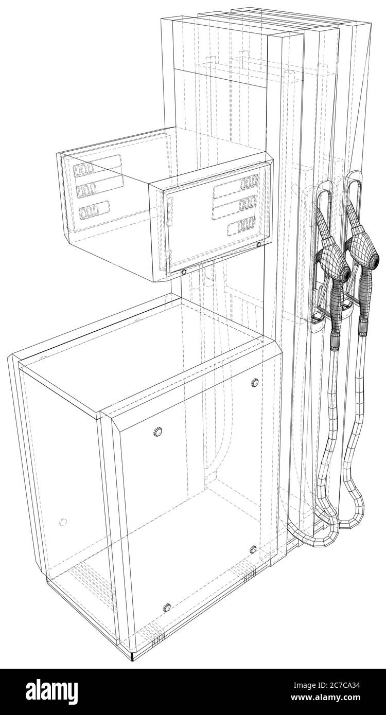 Stazione di servizio. I livelli delle linee visibili e invisibili sono separati. Rendering vettoriale di 3d. Tipo di telaio a filo. Illustrazione Vettoriale