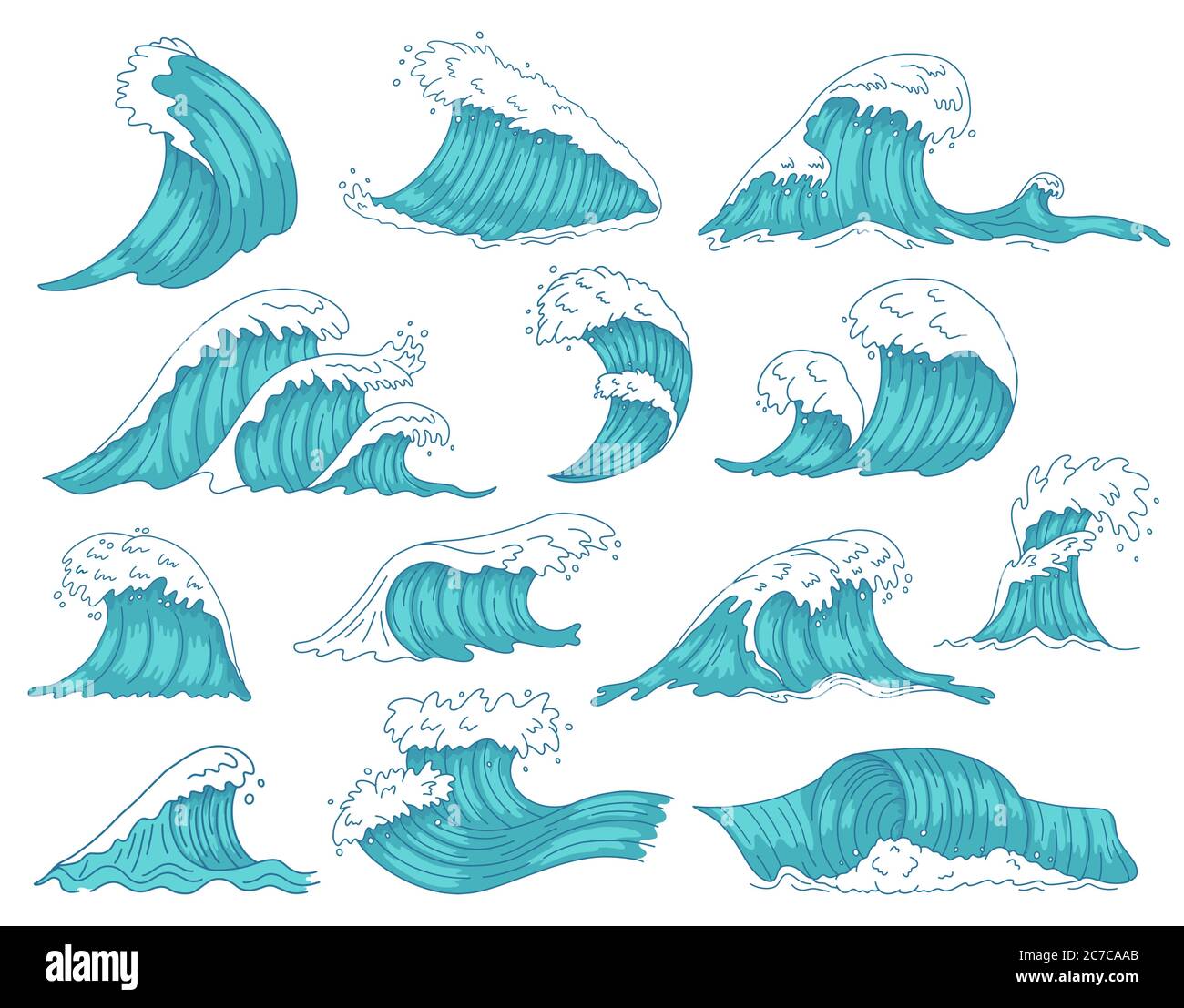 Onde oceaniche. Mare mano disegnata tsunami o tempesta onde, mare acqua di mare, mare spiaggia surf onde isolato vettore illustrazione icone set Illustrazione Vettoriale