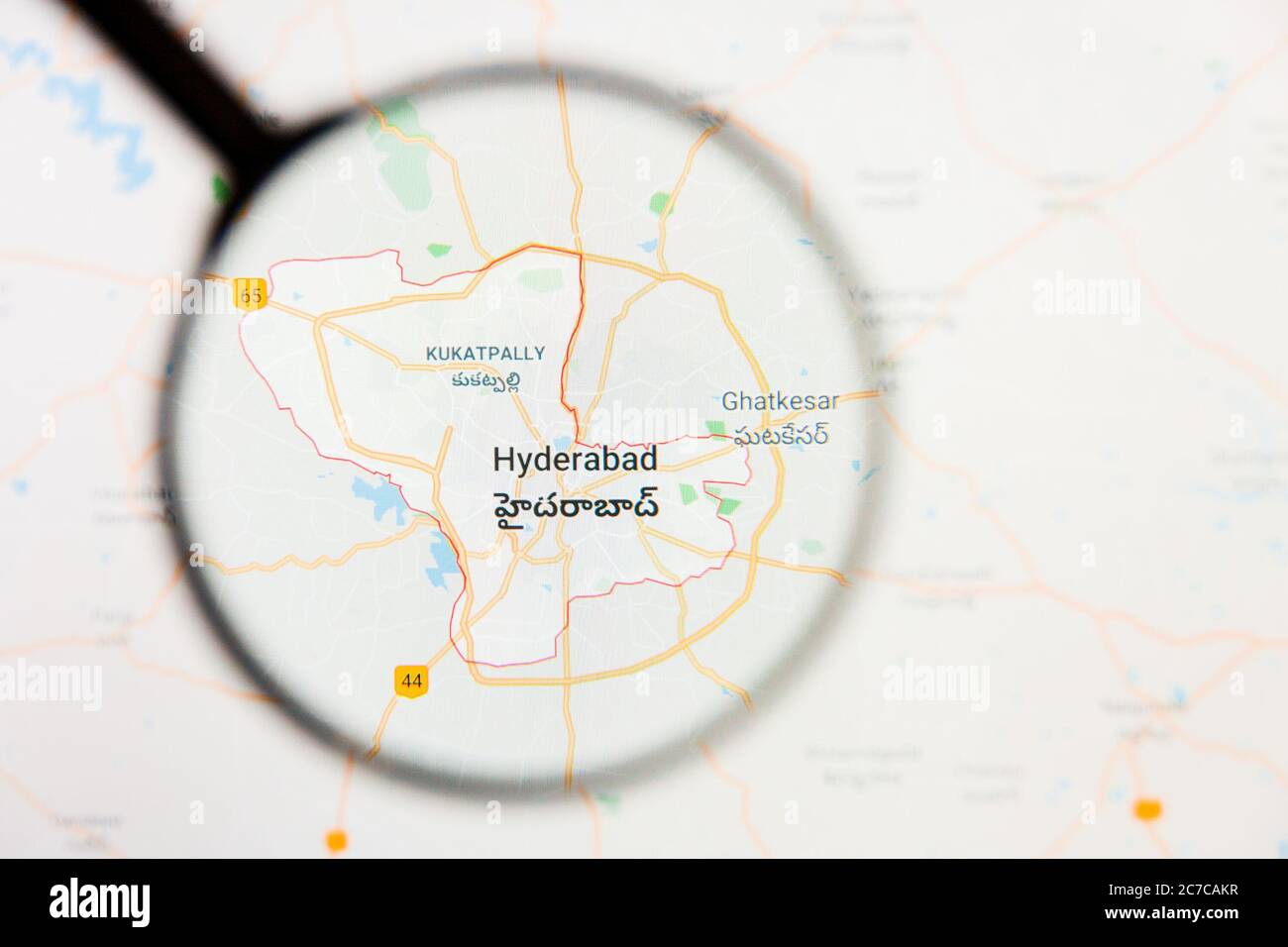 Hyderabad, India City visualizzazione concetto illustrativo sullo schermo attraverso lente di ingrandimento Foto Stock