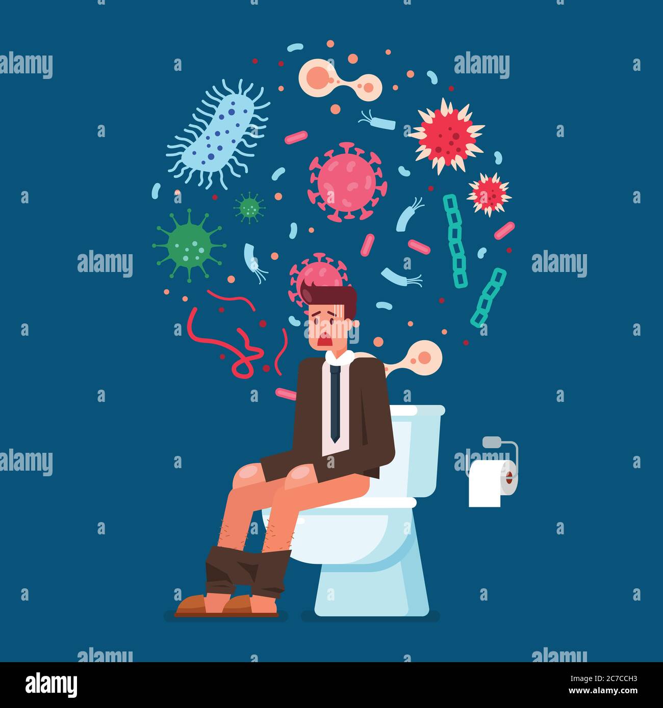 Uomo d'affari seduto sulla ciotola del water e che soffre di diarrea con batteri in background. Illustrazione vettoriale Illustrazione Vettoriale