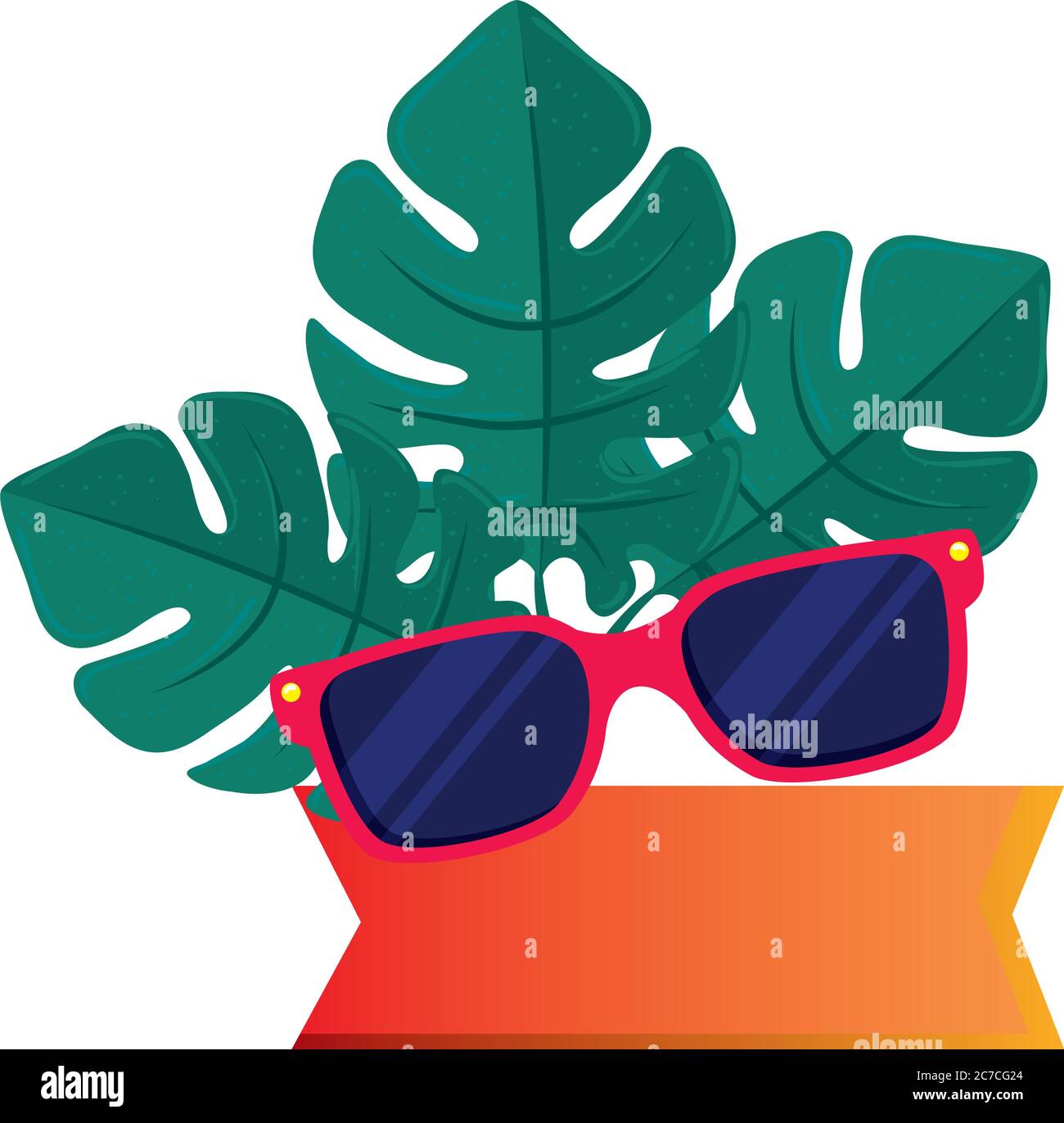 accessorio occhiali da sole con etichetta e foglie tropicali su sfondo bianco Illustrazione Vettoriale