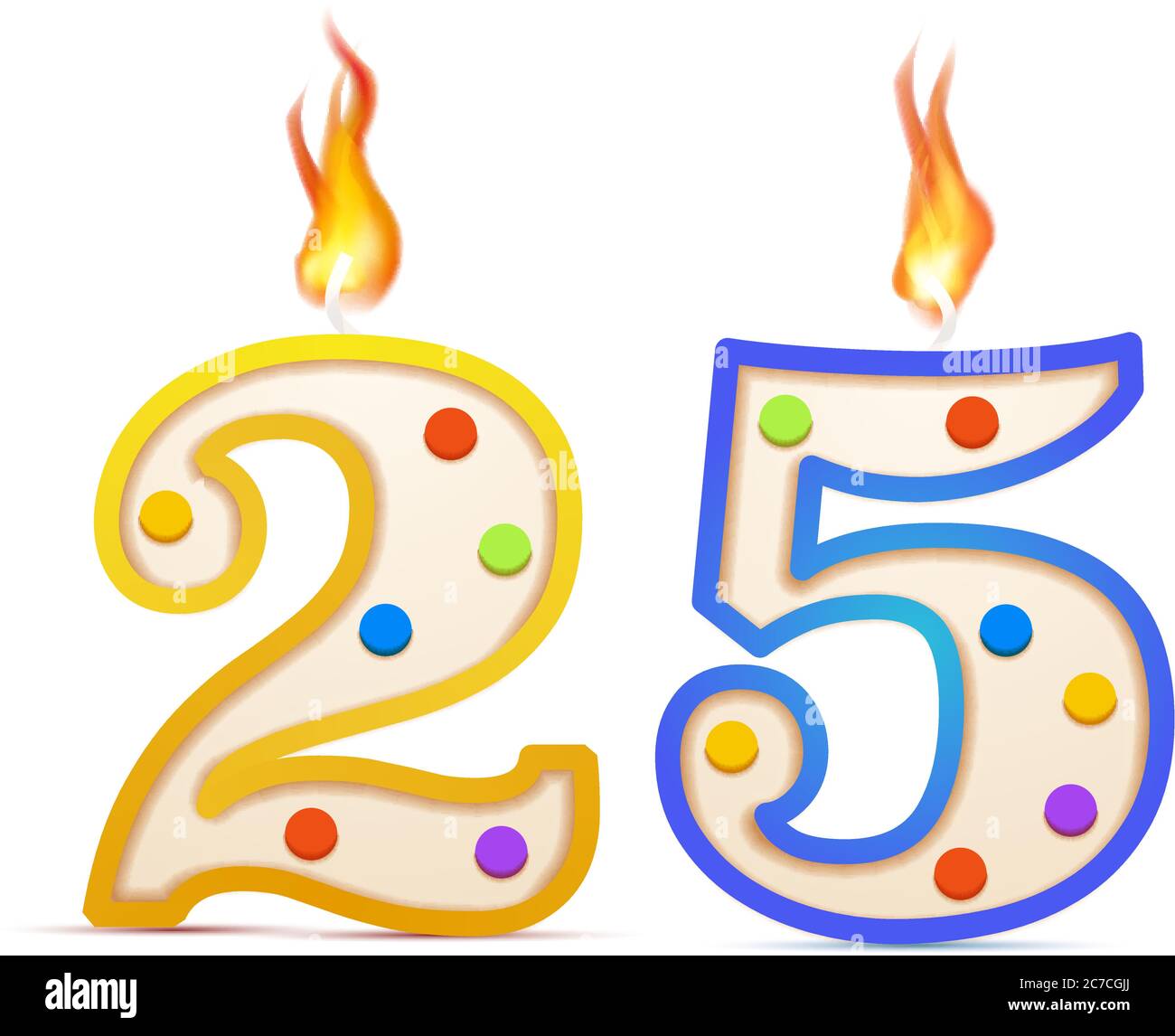 Venticinque anni anniversario, 25 numero a forma di candela di compleanno con fuoco su bianco Illustrazione Vettoriale