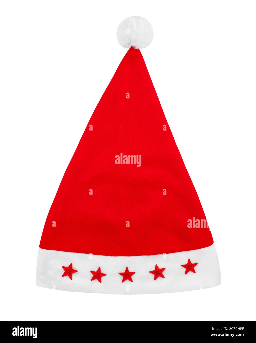 Cappello rosso Babbo Natale con pom pom in pelliccia, stelle sfondo bianco closeup isolato, cappuccio di Frost Padre, accessorio tradizionale festa di Natale, Capodanno, Natale Foto Stock