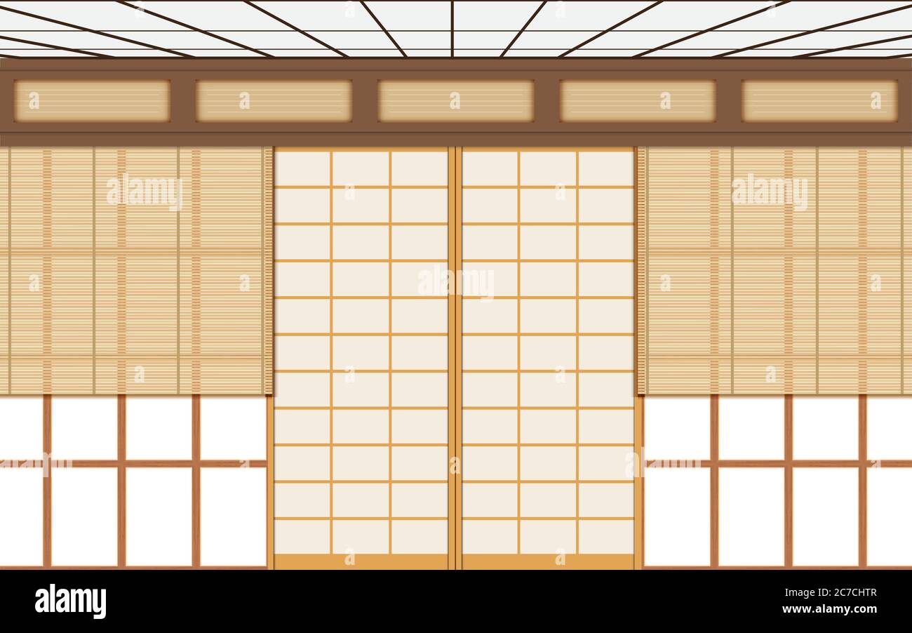 tenda di legno sulle finestre nella stanza dojo in giappone Illustrazione Vettoriale