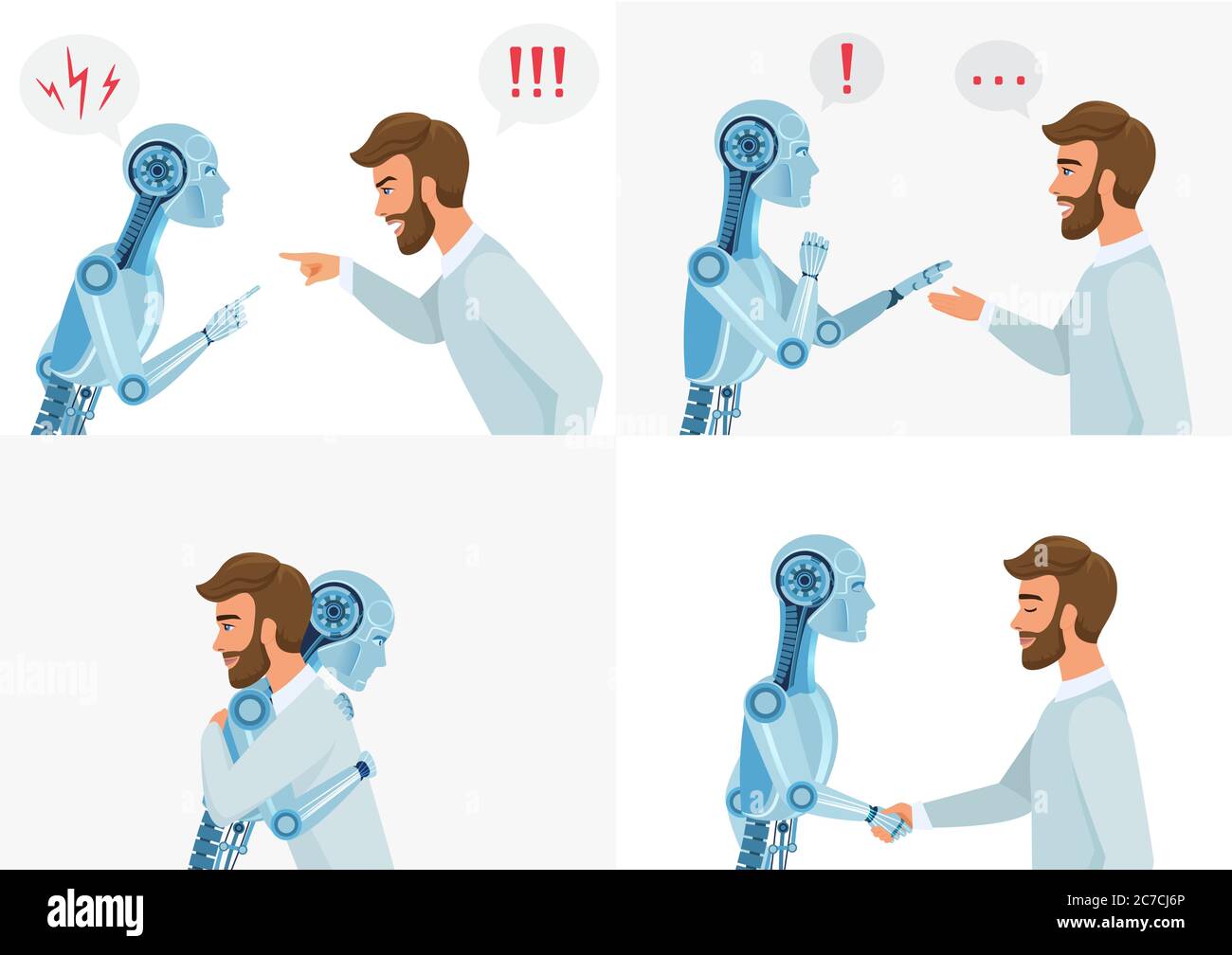 Concetto di interazione di intelligenza artifica. Umano e robot. Comunicazione robot umana e moderna. Illustrazione vettoriale della tecnologia aziendale concettuale Illustrazione Vettoriale