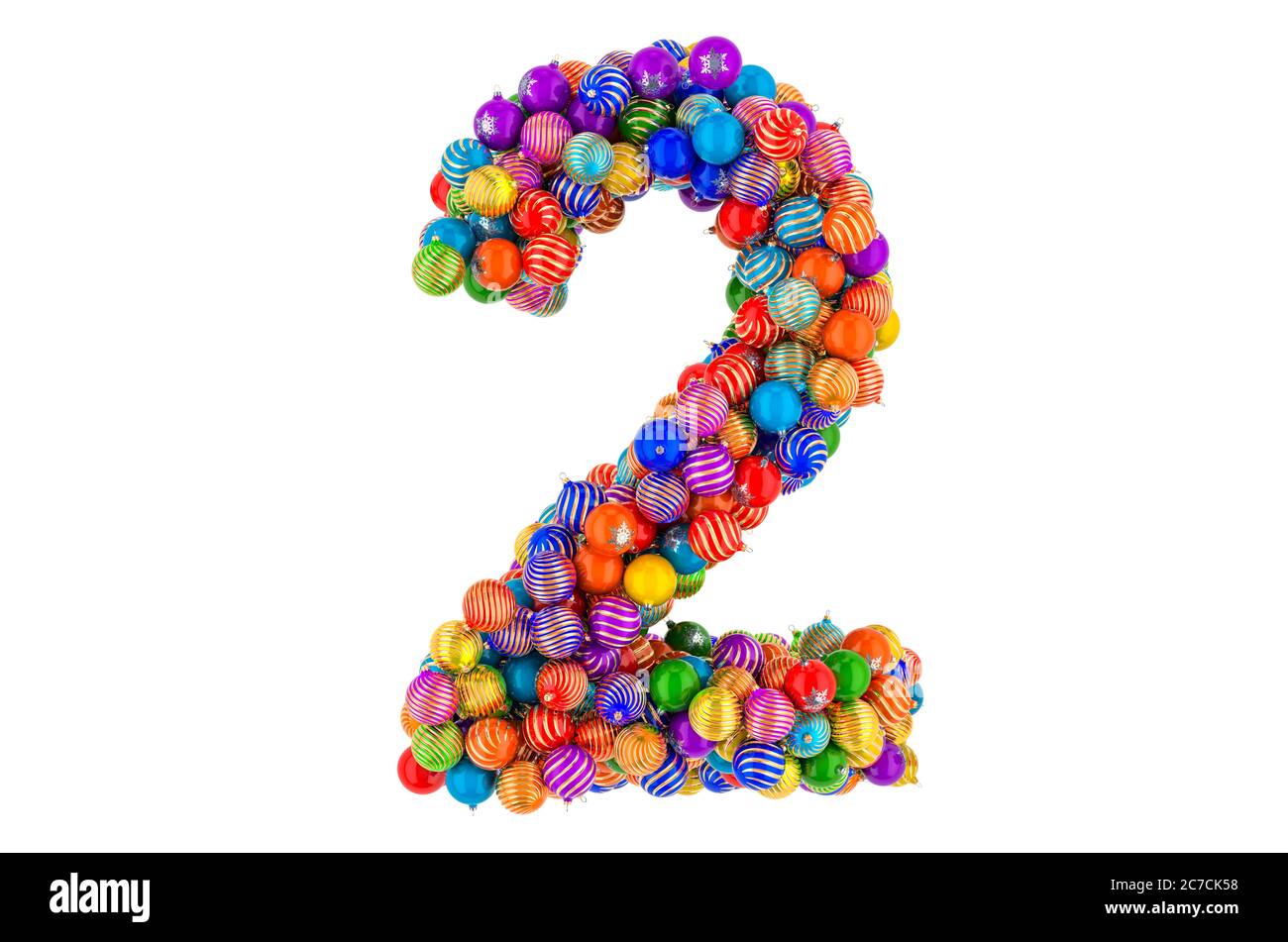 Numero 2 da palline di Natale colorate. Font delle sfere xmas, rendering 3D isolato su sfondo bianco Foto Stock