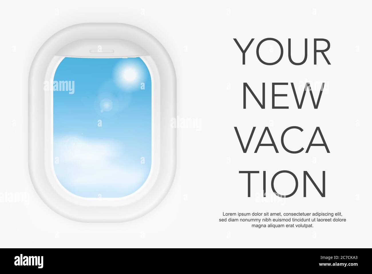 Vista dall'aereo. Finestrino interno del facchino. Concetto di destinazioni di vacanza. La tua nuova vacanza Illustrazione Vettoriale