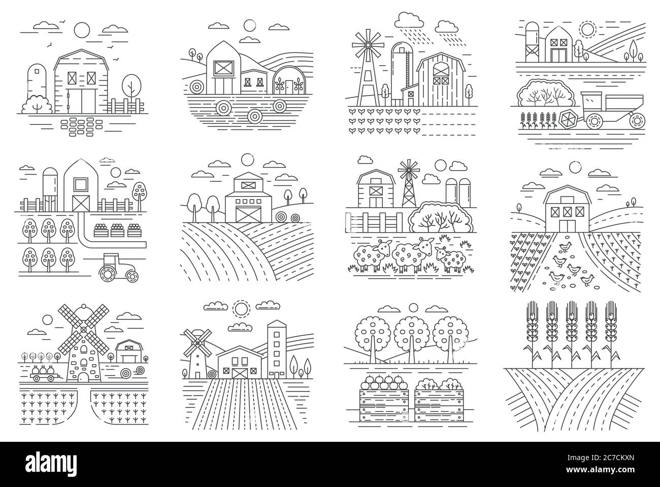 Agricoltura Azienda agricola, campi agricoli ed edifici icone di linee illustrazione vettoriale Illustrazione Vettoriale